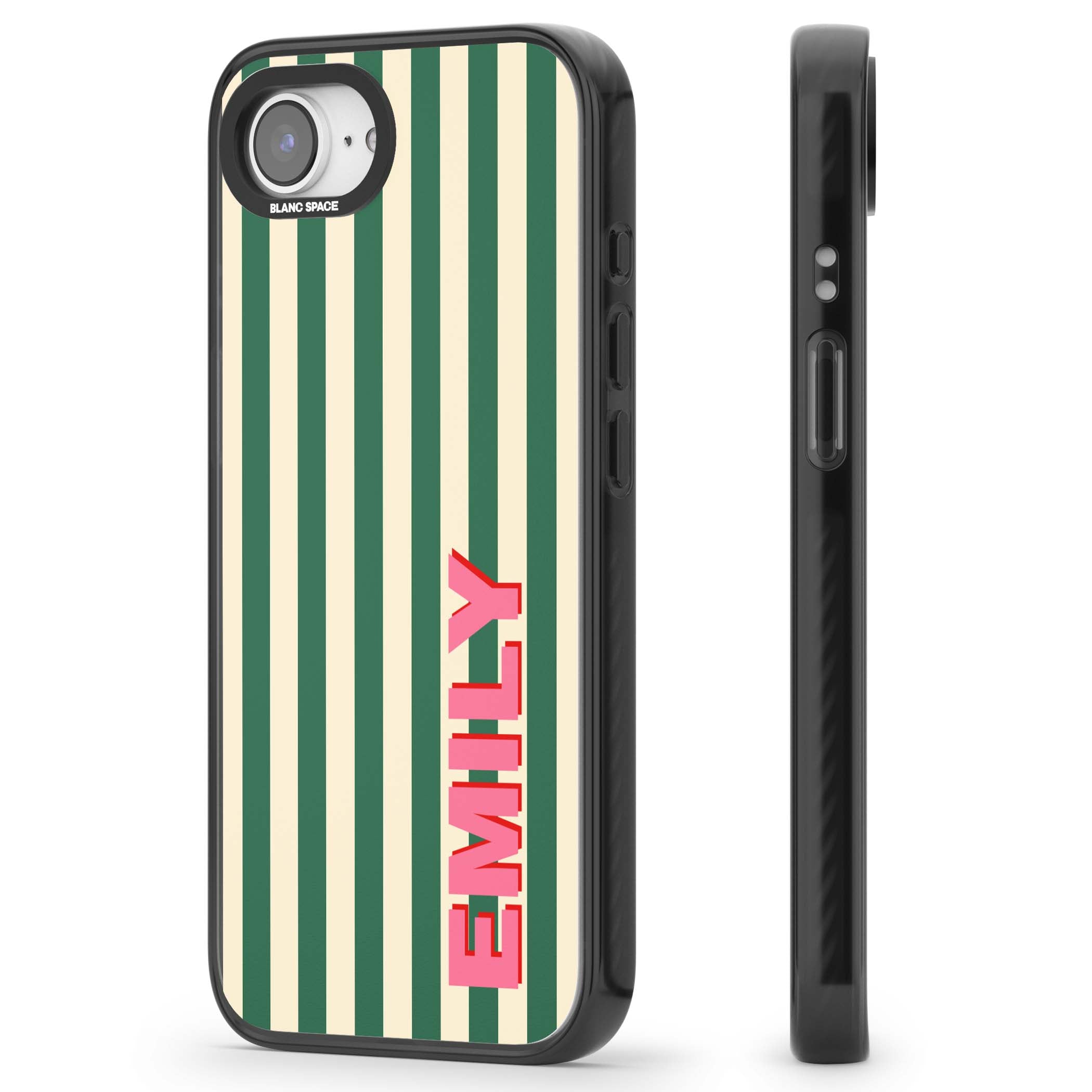 Wimbledon Stripe preppy iPhone case featuring green and cream vertical stripes with a personalised pink name | Black Impact case for iPhone 16e, iPhone 17e