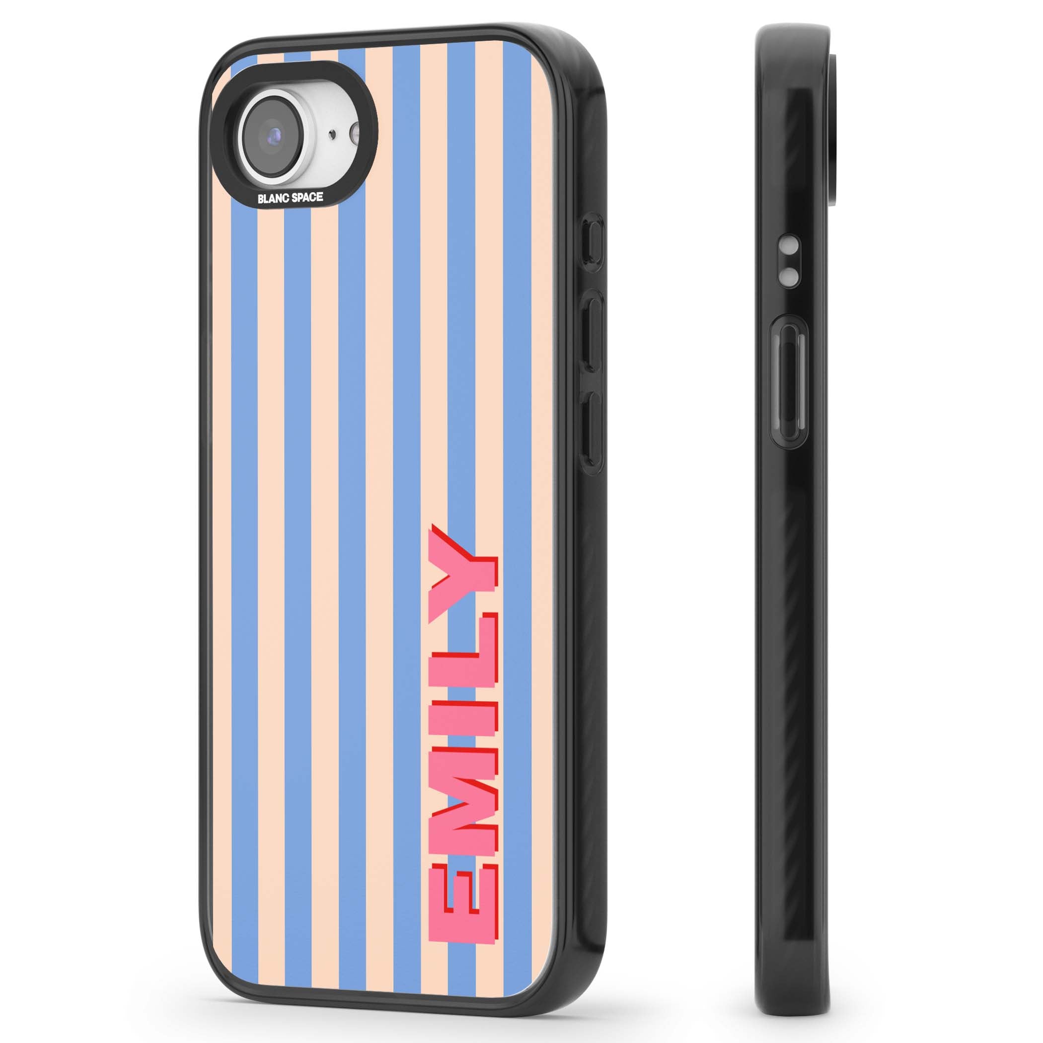 Coastal Stripe personalised coastal iPhone case with blue and peach vertical stripes and custom pink name | Black Impact case for iPhone 16e, iPhone 17e