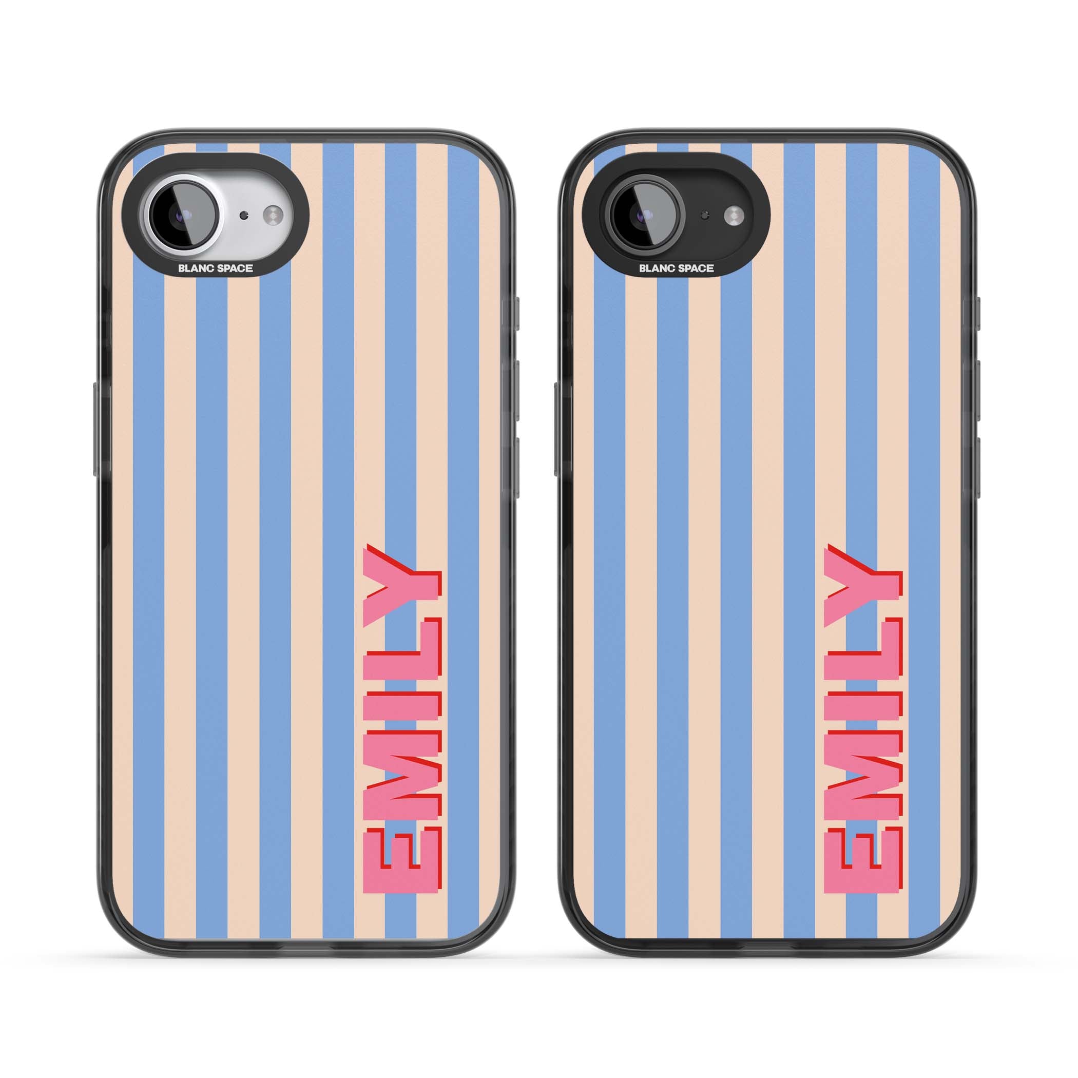 Coastal Stripe personalised coastal iPhone case with blue and peach vertical stripes and custom pink name | Black Impact case for iPhone 16e, iPhone 17e