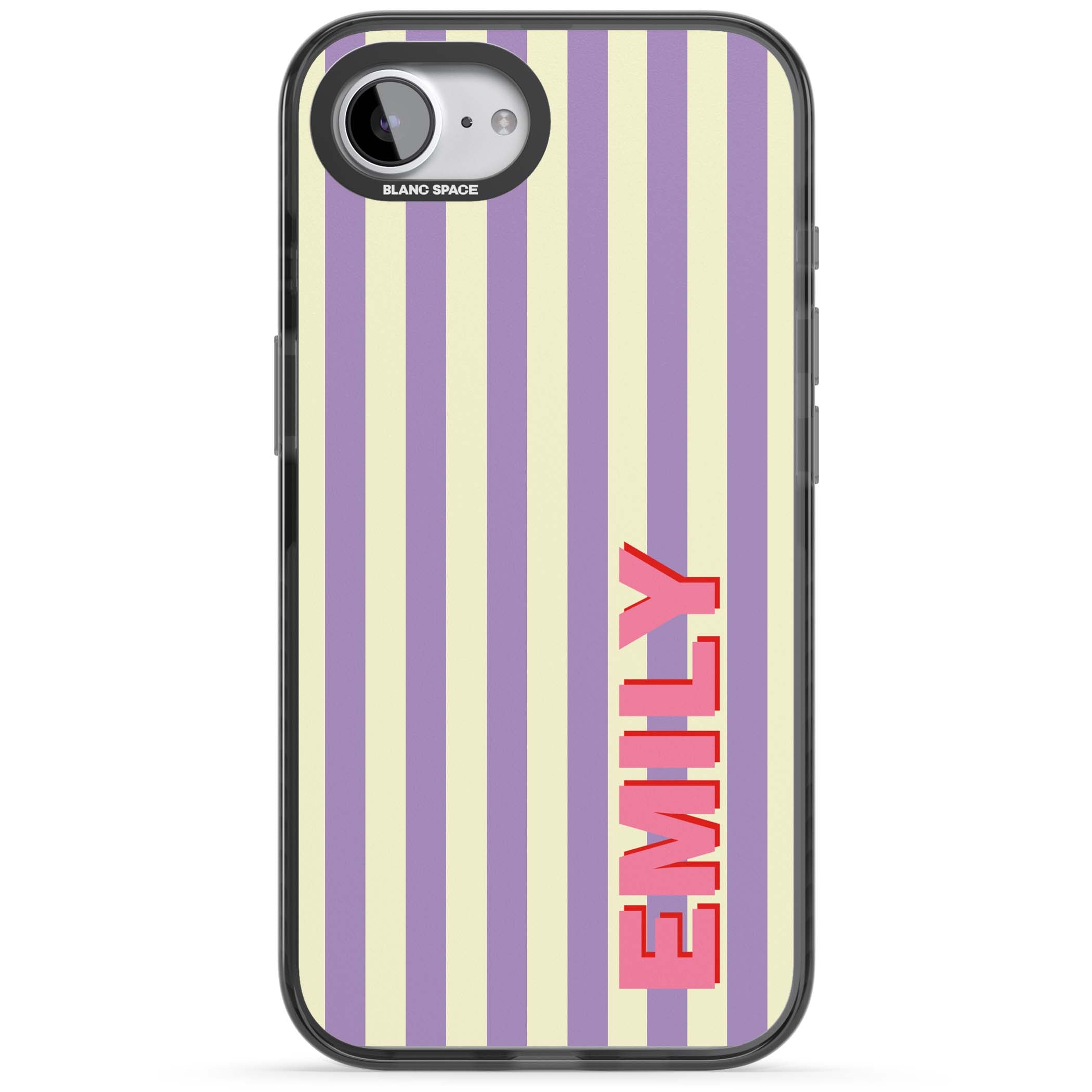 Valensole Stripe personalised iPhone case with purple and cream vertical stripes and pink custom name | Black Impact case for iPhone 16e, iPhone 17e