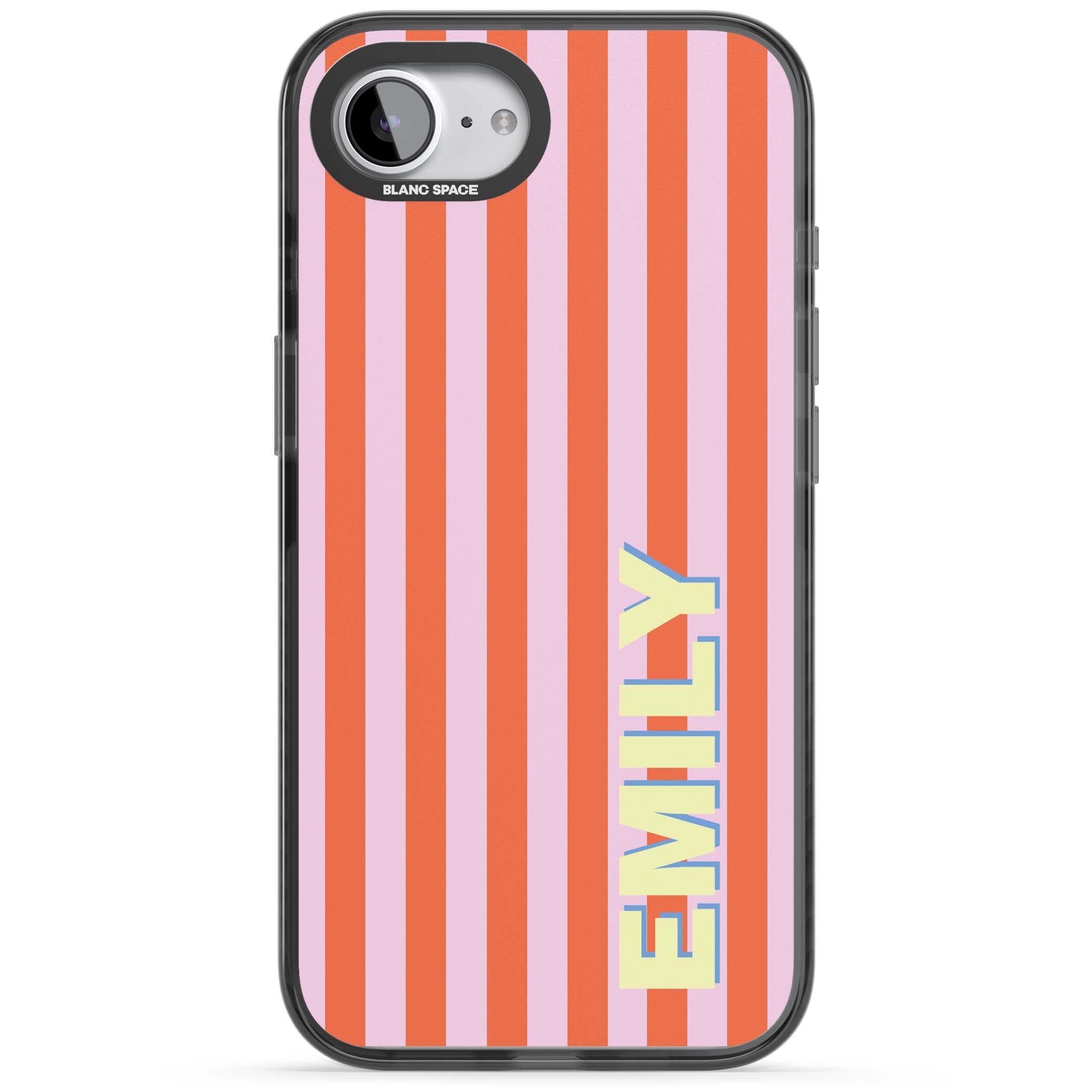 Havana Stripe personalised iPhone case featuring pink and orange vertical stripes with a custom yellow name | Black Impact case for iPhone 16e, iPhone 17e