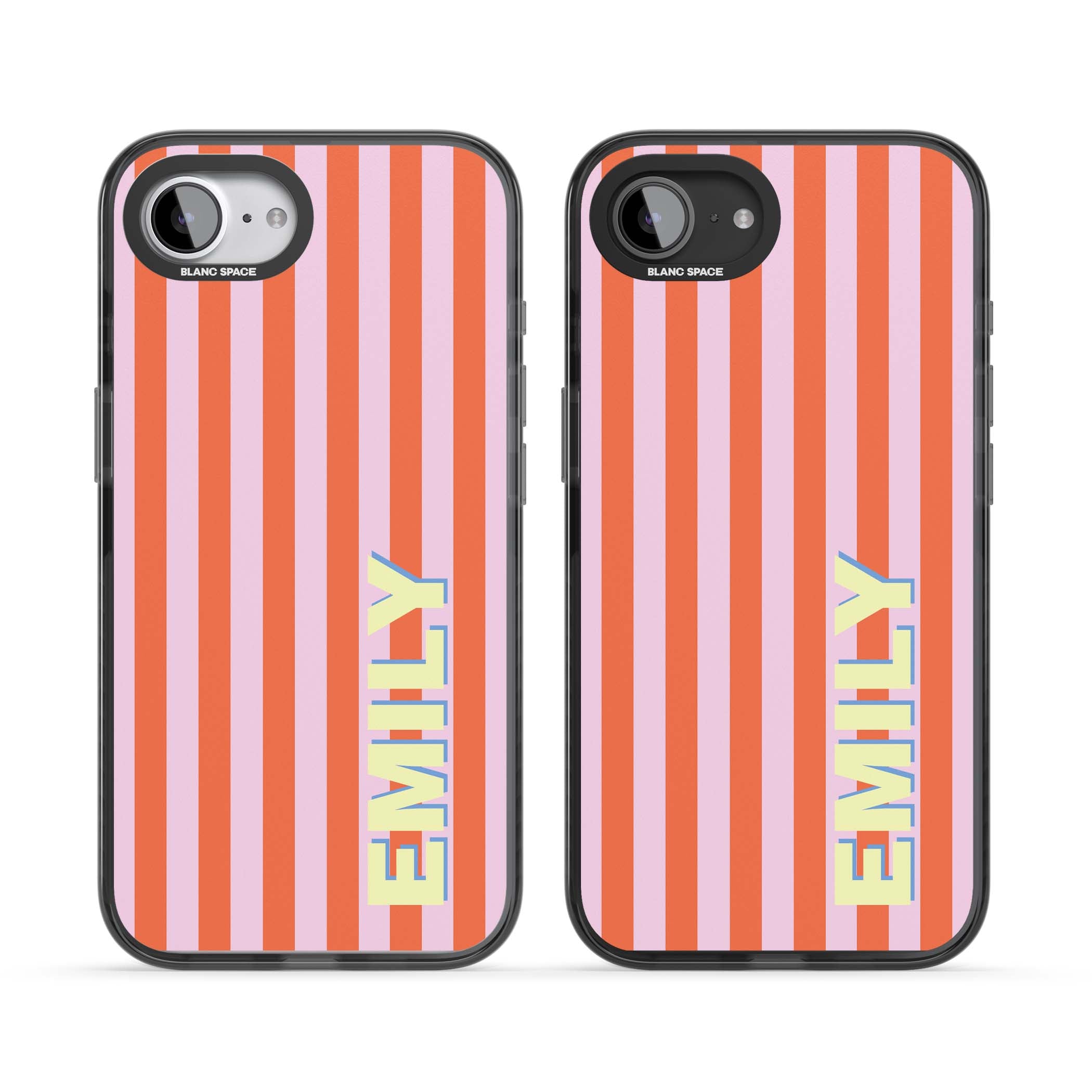 Havana Stripe personalised iPhone case featuring pink and orange vertical stripes with a custom yellow name | Black Impact case for iPhone 16e, iPhone 17e