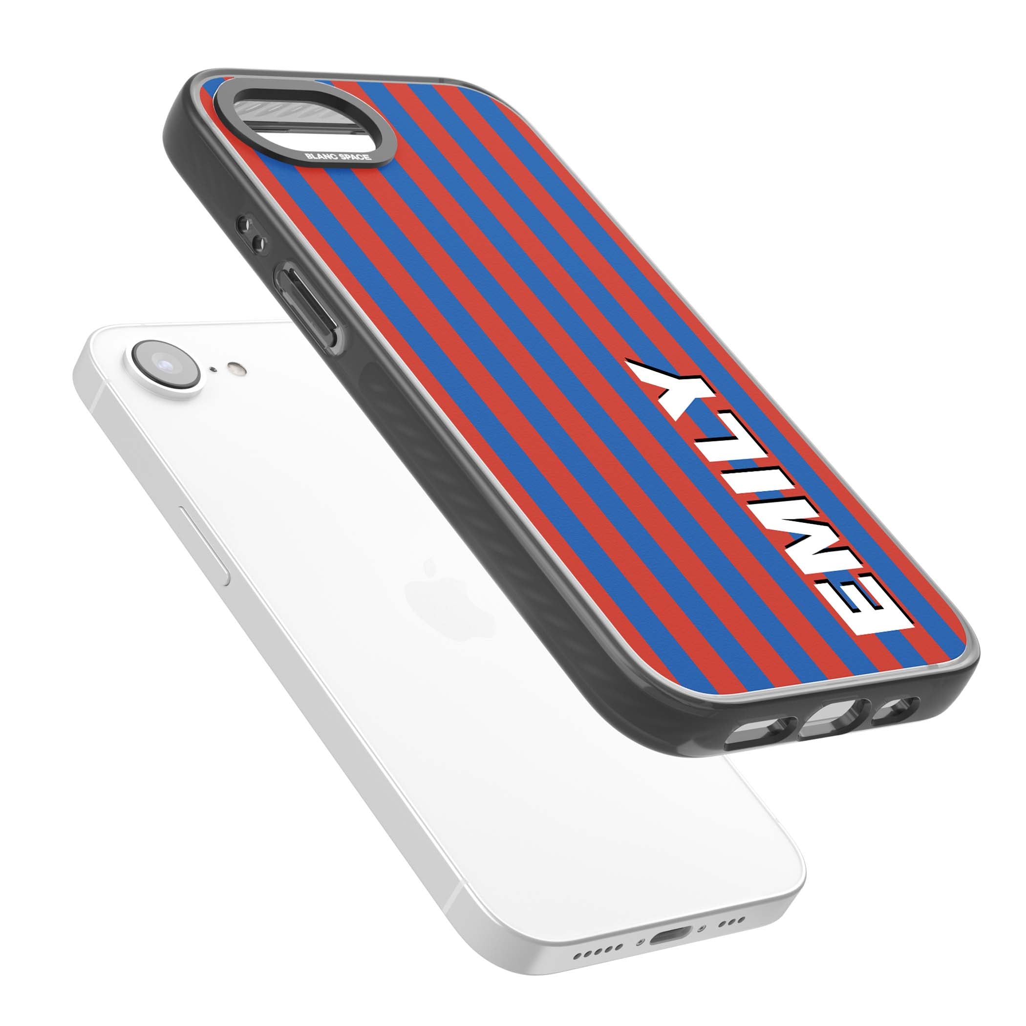 Cuban Stripe personalised iPhone case featuring red and blue vertical stripes with custom name in bold white letters | Black Impact case for iPhone 16e, iPhone 17e