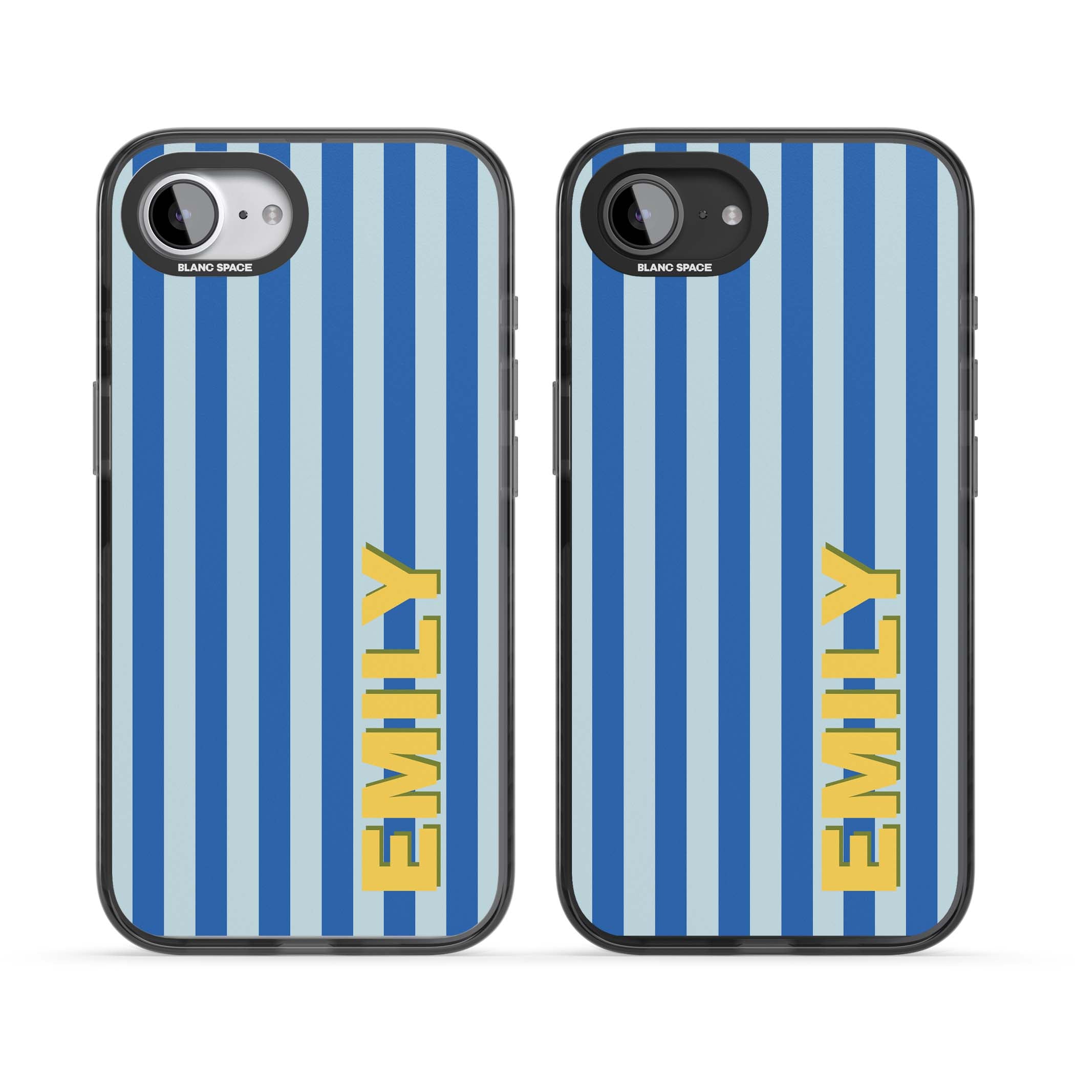 Athenian Stripe personalised preppy iPhone case featuring blue vertical stripes and a custom yellow name | Black Impact case for iPhone 16e, iPhone 17e