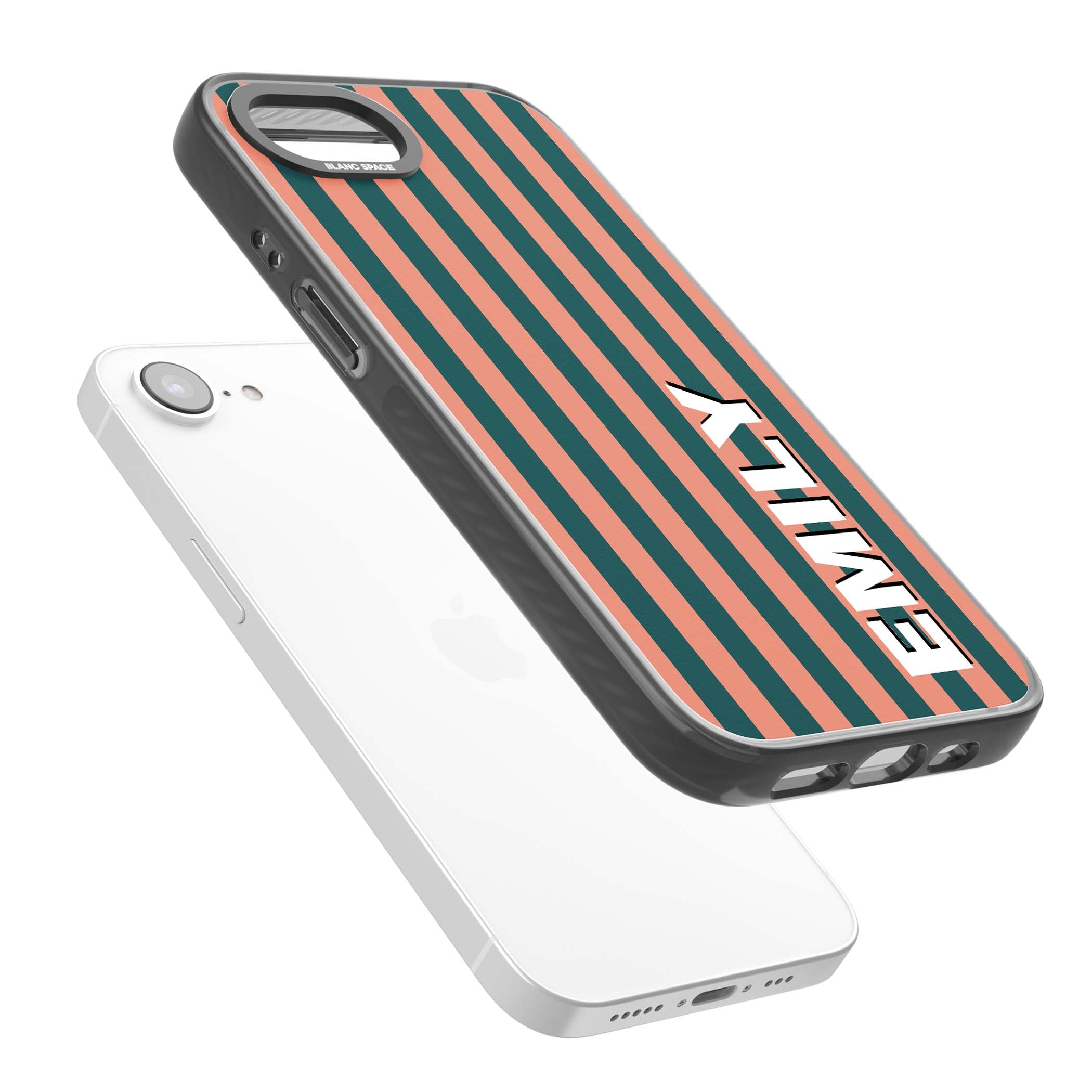 Tuscan Stripe personalised iPhone case featuring coral and green vertical stripes with bold custom name | Black Impact case for iPhone 16e, iPhone 17e