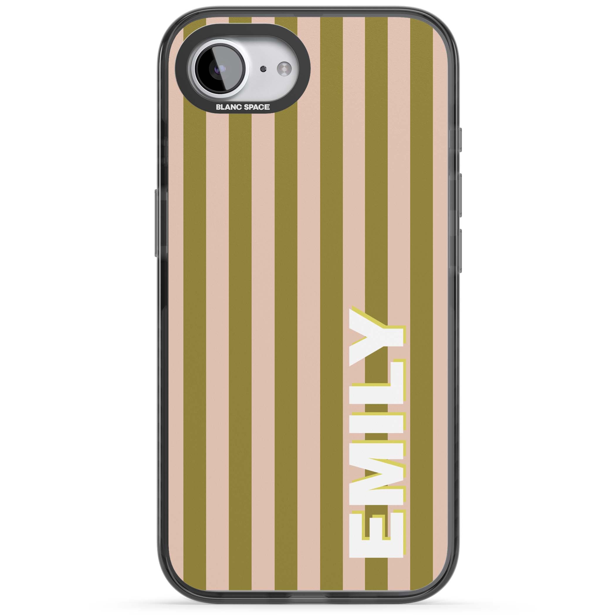 Indian Stripe personalised iPhone case featuring olive green and blush pink vertical stripes with custom name in whit | Black Impact case for iPhone 16e, iPhone 17e