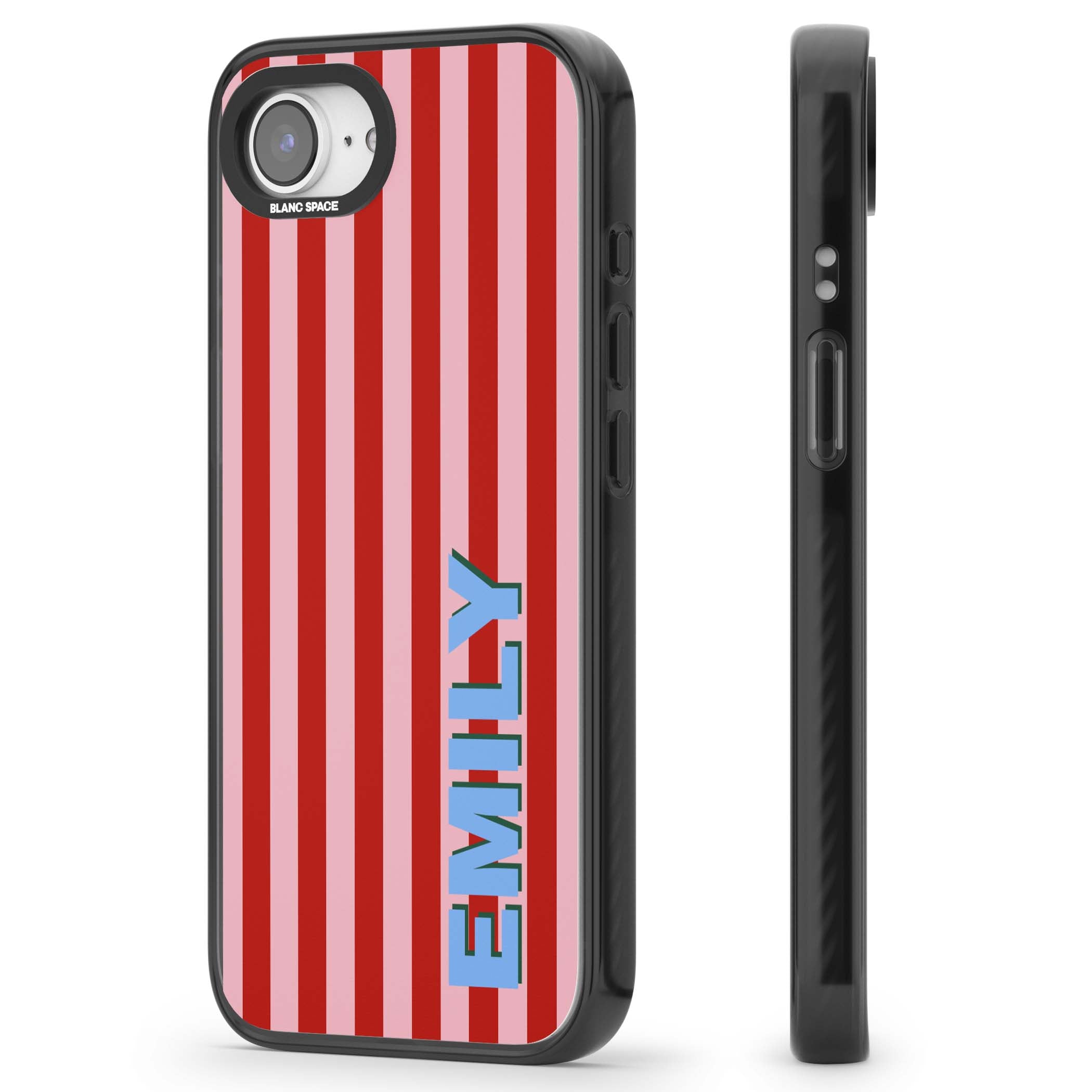 Market Stripe personalised iPhone case with red and pink vertical stripes and custom blue name | Black Impact case for iPhone 16e, iPhone 17e