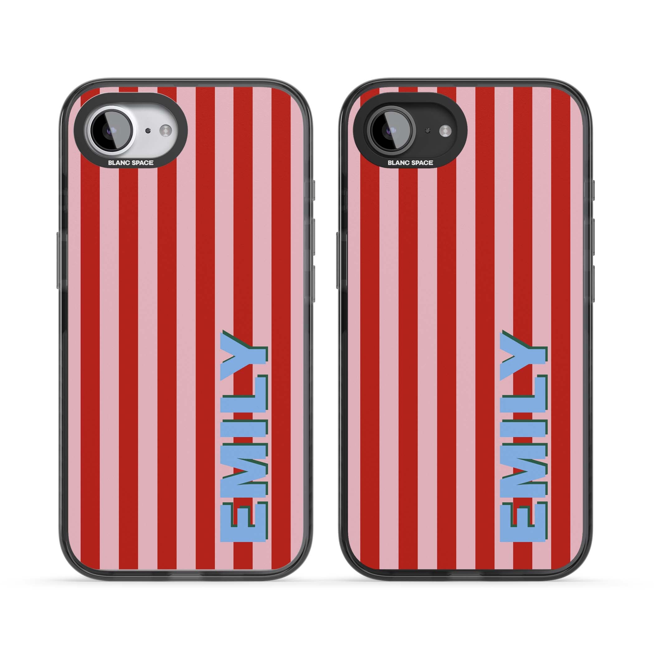 Market Stripe personalised iPhone case with red and pink vertical stripes and custom blue name | Black Impact case for iPhone 16e, iPhone 17e