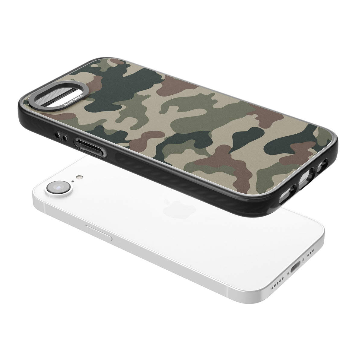 Green And Brown Camo iPhone 16e / iPhone 17e Impact Black Phone Case angled