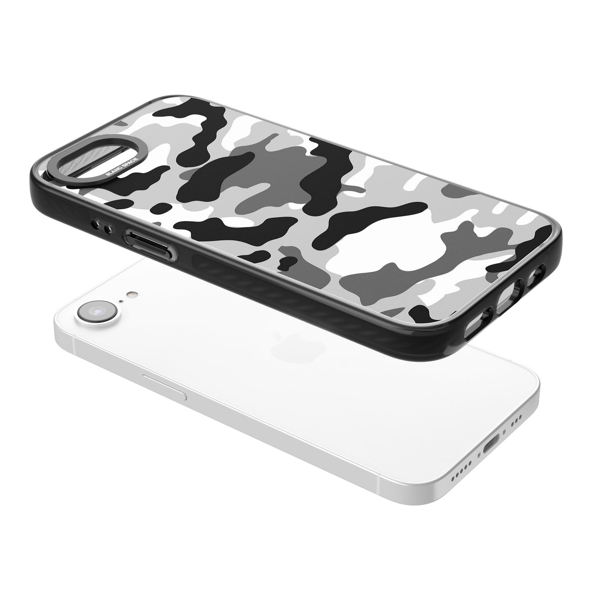 Grey Black Urban Camo iPhone 16e / iPhone 17e Impact Black Phone Case angled