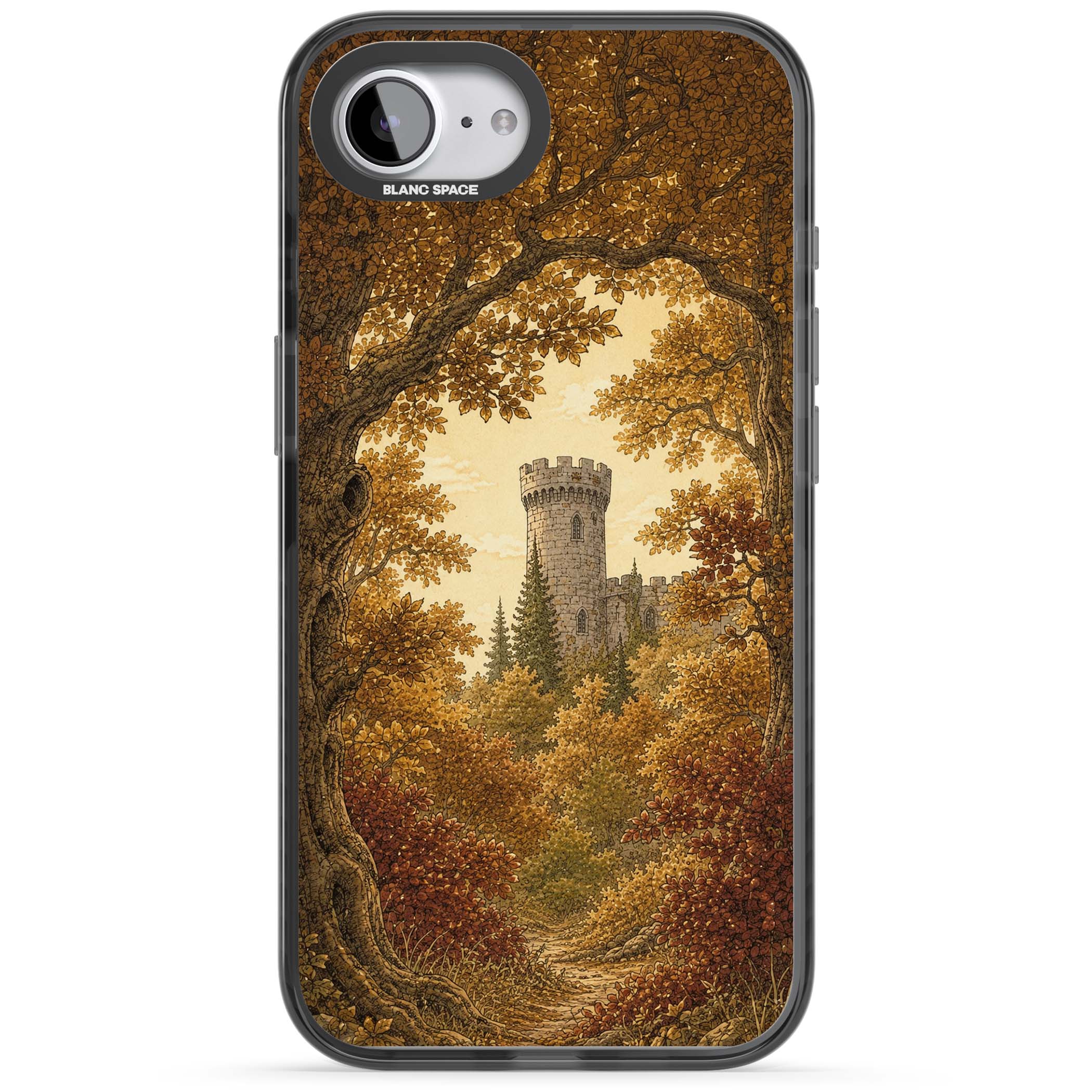 Autumn Keep cottagecore iPhone case featuring a medieval castle tower framed by golden autumn trees and woodland foliage | Black Impact case for iPhone 16e, iPhone 17e