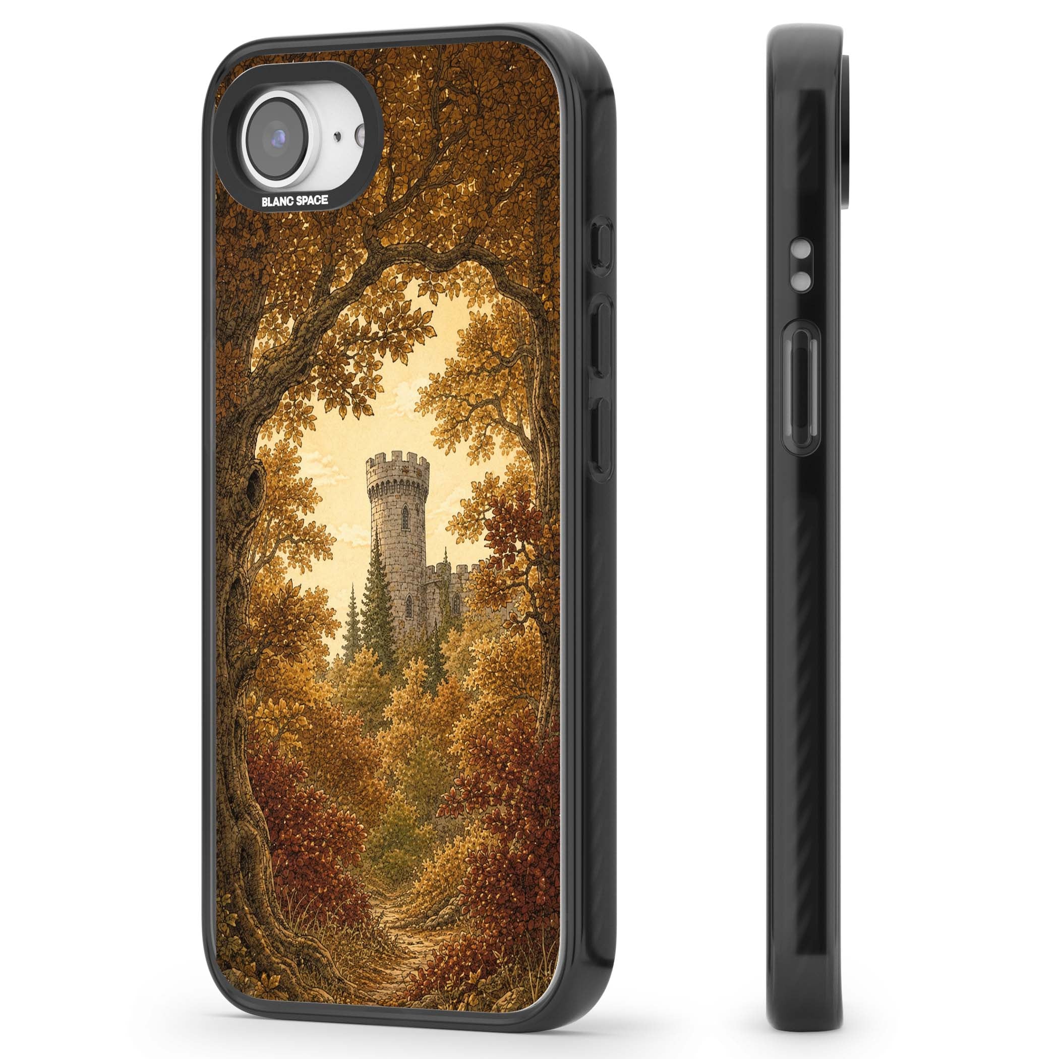 Autumn Keep cottagecore iPhone case featuring a medieval castle tower framed by golden autumn trees and woodland foliage | Black Impact case for iPhone 16e, iPhone 17e