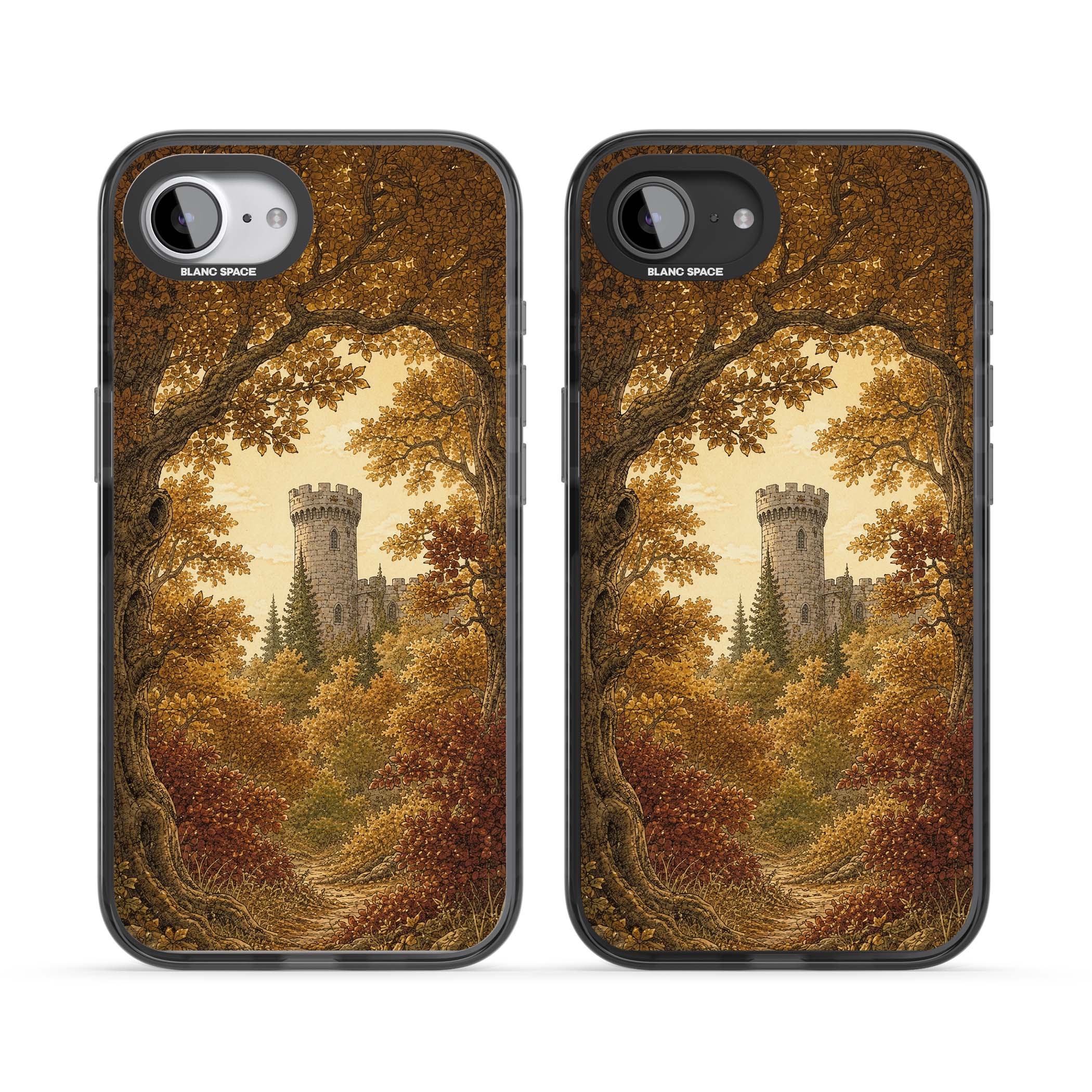 Autumn Keep cottagecore iPhone case featuring a medieval castle tower framed by golden autumn trees and woodland foliage | Black Impact case for iPhone 16e, iPhone 17e