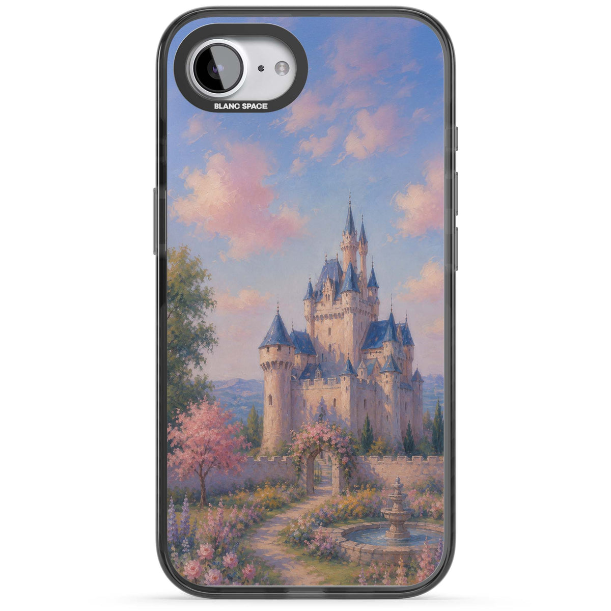 Enchanted Kingdom fairytale iPhone case featuring a romantic castle painting with cherry blossoms and pastel pink sky | Black Impact case for iPhone 16e, iPhone 17e