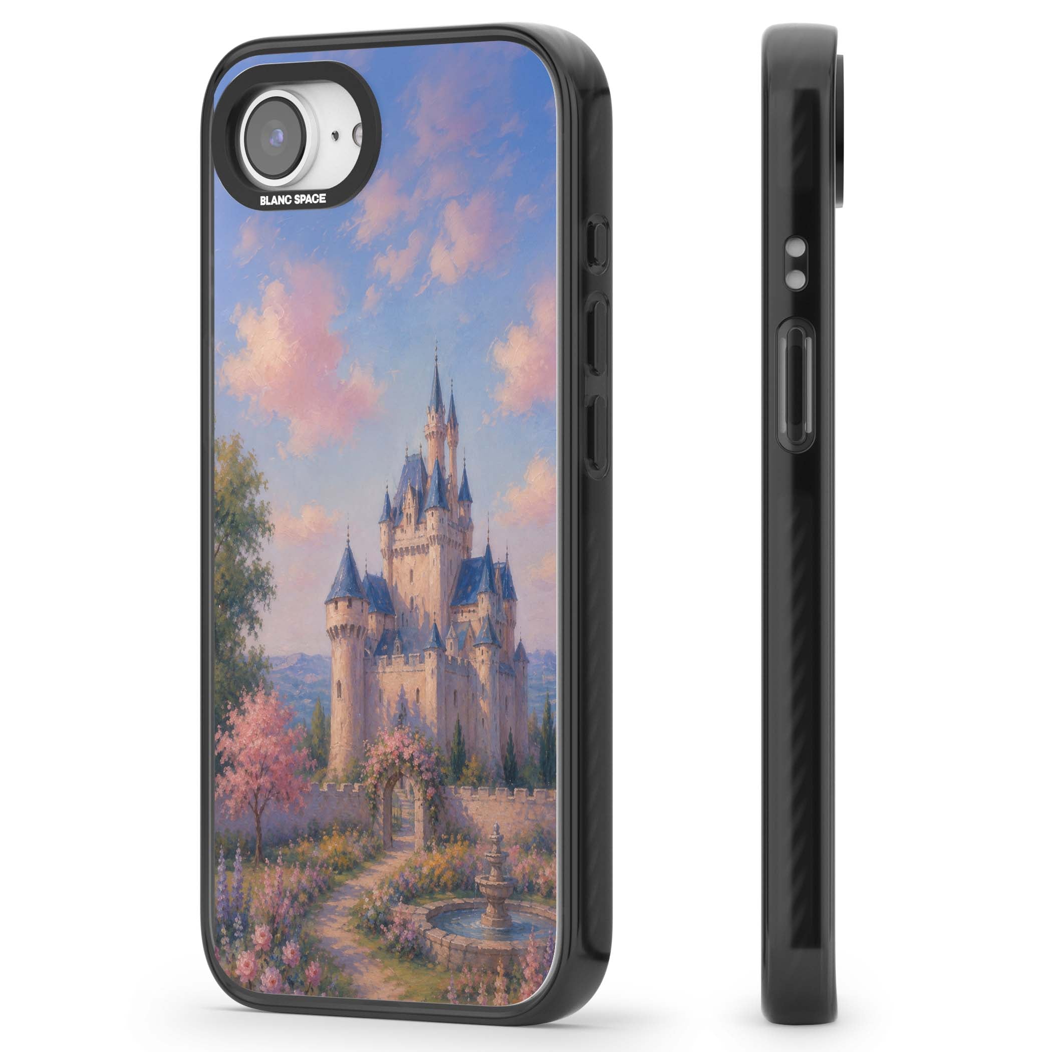 Enchanted Kingdom fairytale iPhone case featuring a romantic castle painting with cherry blossoms and pastel pink sky | Black Impact case for iPhone 16e, iPhone 17e