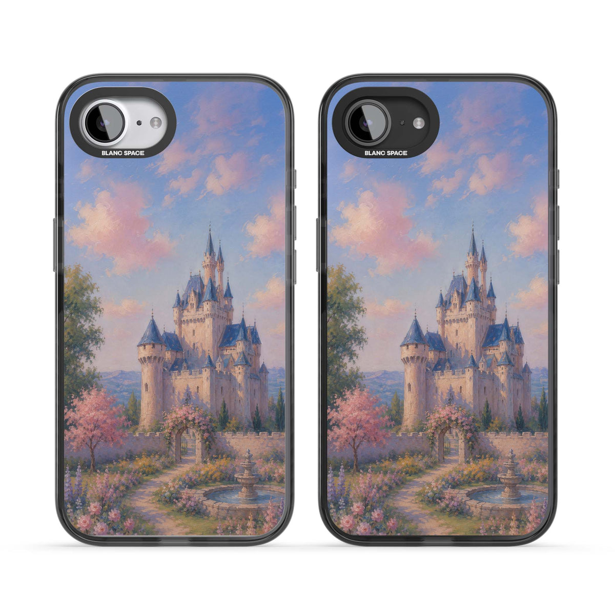 Enchanted Kingdom fairytale iPhone case featuring a romantic castle painting with cherry blossoms and pastel pink sky | Black Impact case for iPhone 16e, iPhone 17e