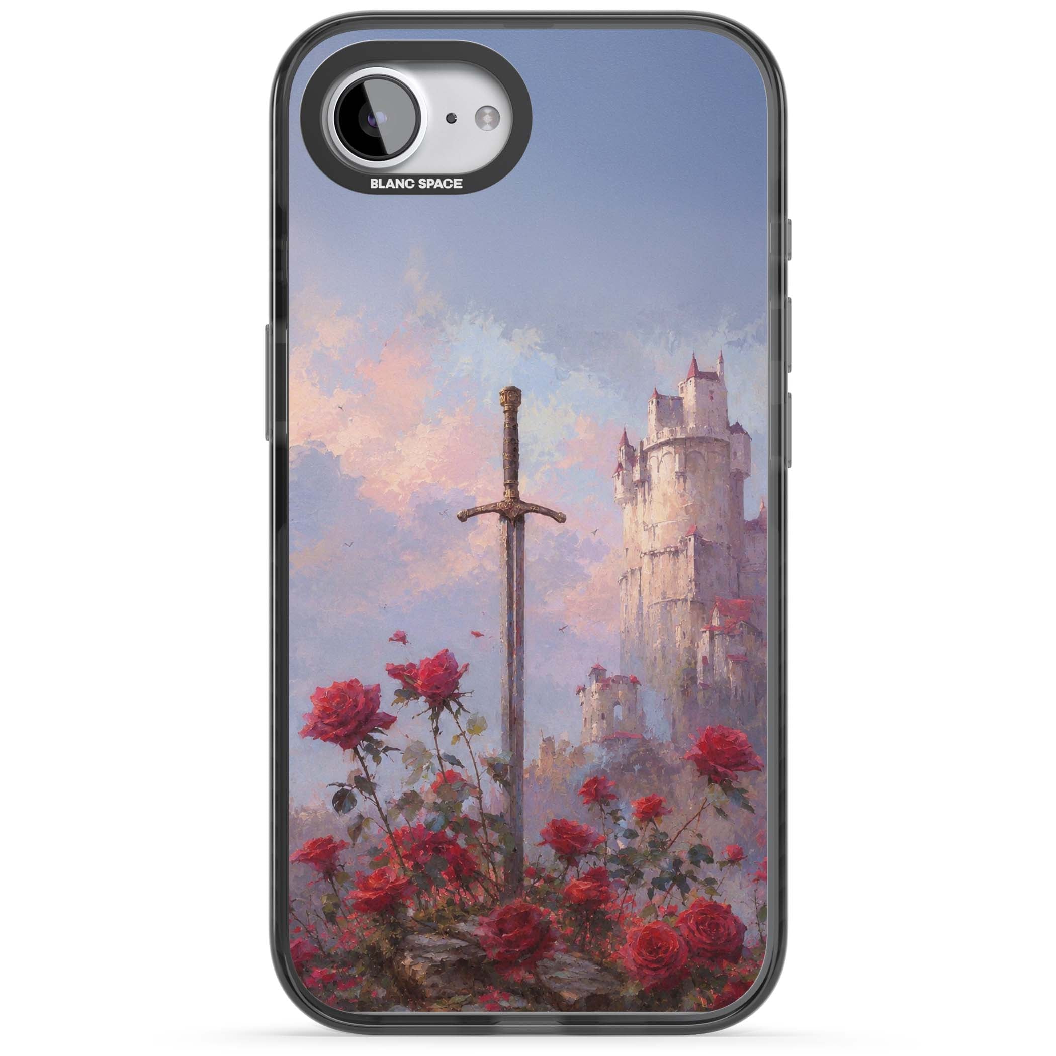 Sword in Roses medieval art iPhone case featuring a sword, red roses, and a misty fairytale castle at sunset | Black Impact case for iPhone 16e, iPhone 17e
