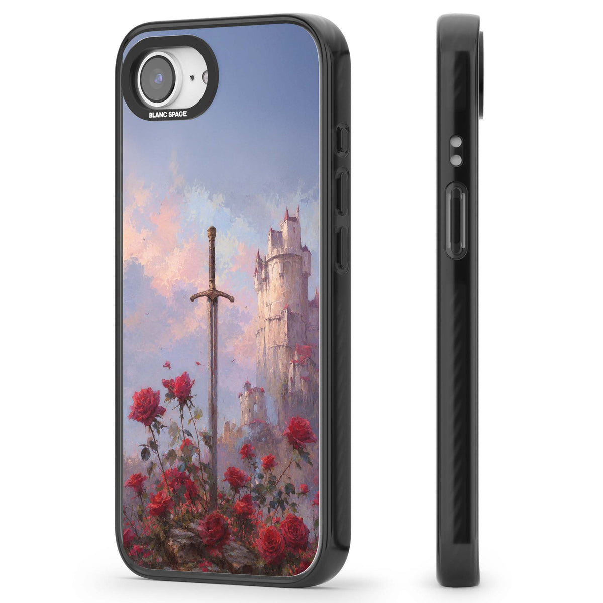Sword in Roses medieval art iPhone case featuring a sword, red roses, and a misty fairytale castle at sunset | Black Impact case for iPhone 16e, iPhone 17e
