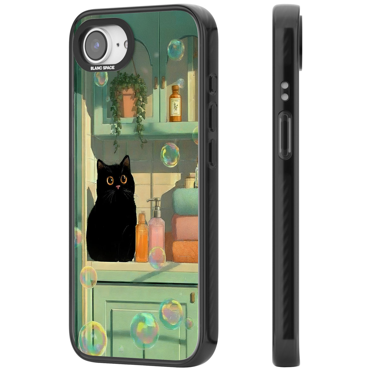 Bathroom Bubble Kitty iPhone 16e / iPhone 17e Impact Black Phone Case side