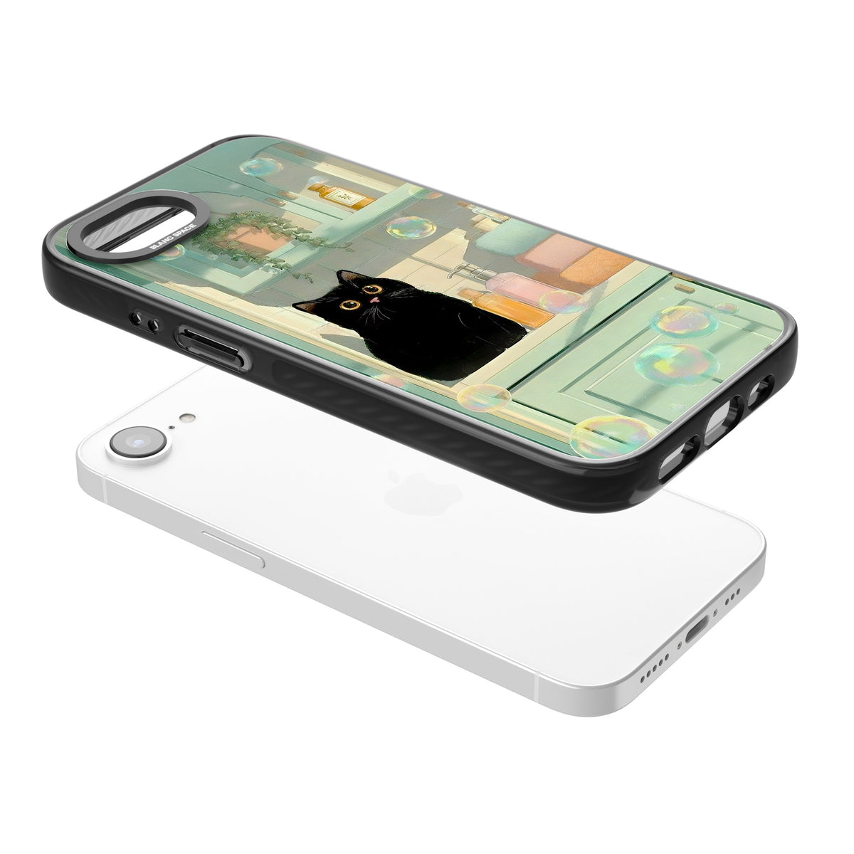Bathroom Bubble Kitty iPhone 16e / iPhone 17e Impact Black Phone Case angled