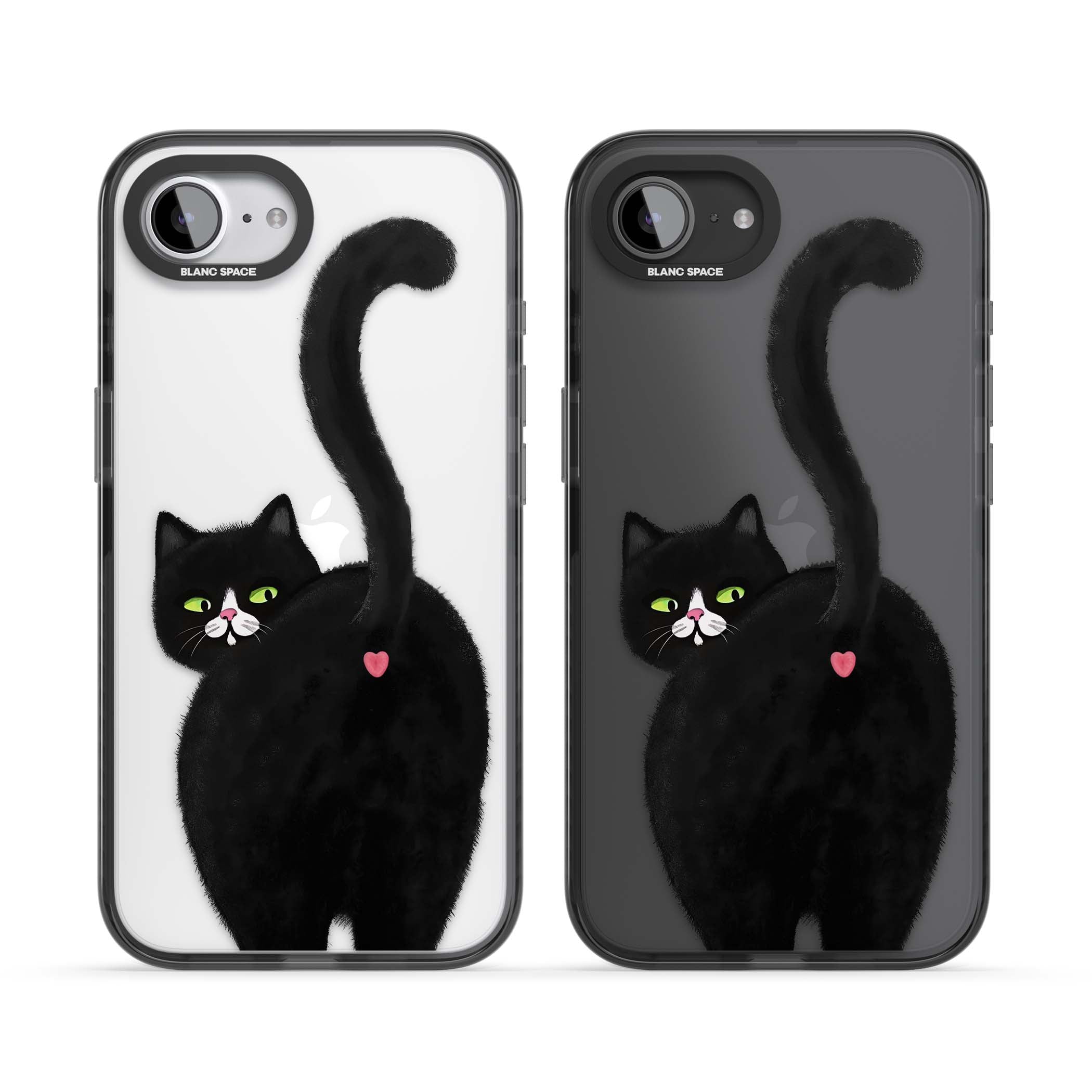 The Cat's Kiss cute cat iPhone case featuring a hand-painted tuxedo kitty with green eyes and a pink heart on a clear  | Black Impact case for iPhone 16e, iPhone 17e