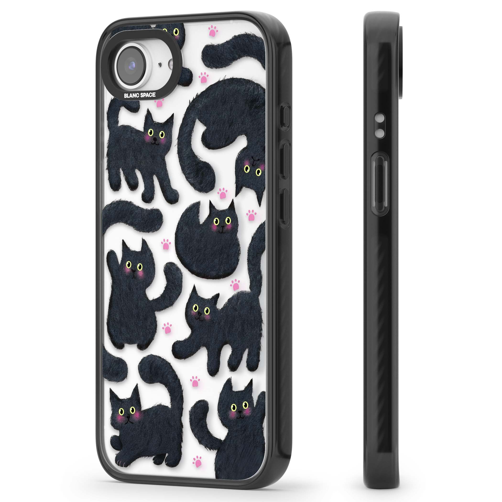 Midnight Cats cute iPhone case featuring black cat pattern with yellow eyes and pink paw prints | Black Impact case for iPhone 16e, iPhone 17e