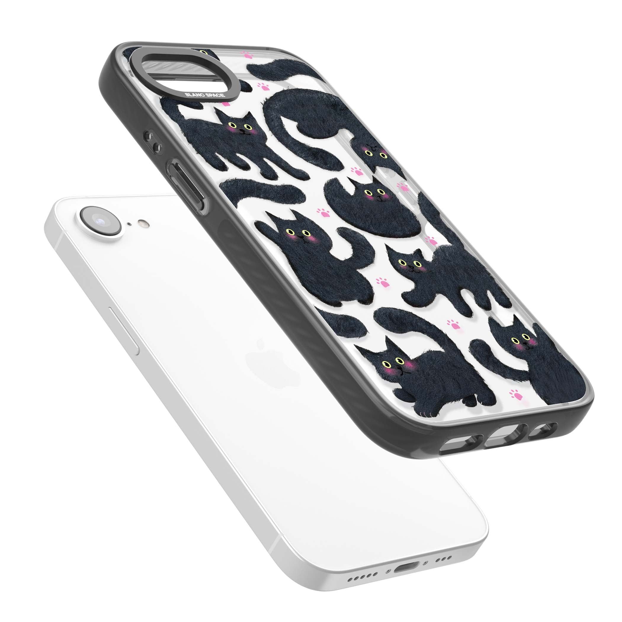 Midnight Cats cute iPhone case featuring black cat pattern with yellow eyes and pink paw prints | Black Impact case for iPhone 16e, iPhone 17e