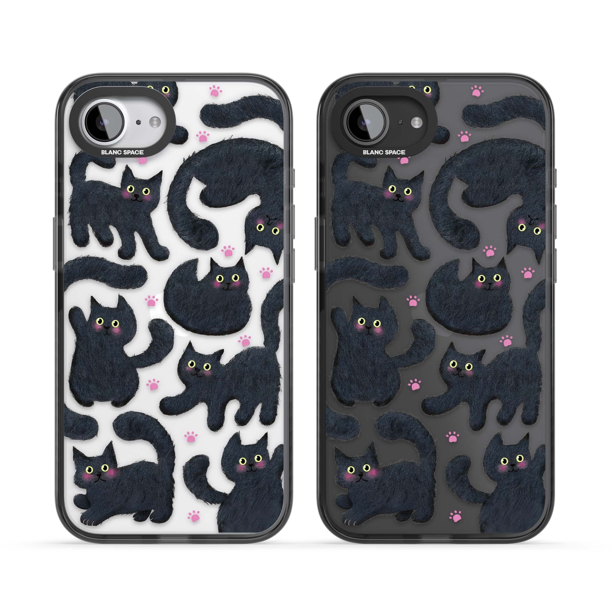 Midnight Cats cute iPhone case featuring black cat pattern with yellow eyes and pink paw prints | Black Impact case for iPhone 16e, iPhone 17e