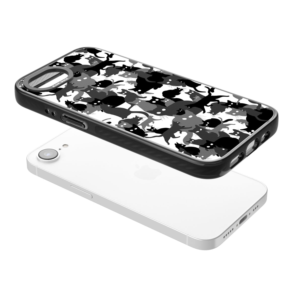 Black & White Cat Camouflage iPhone 16e / iPhone 17e Impact Black Phone Case angled