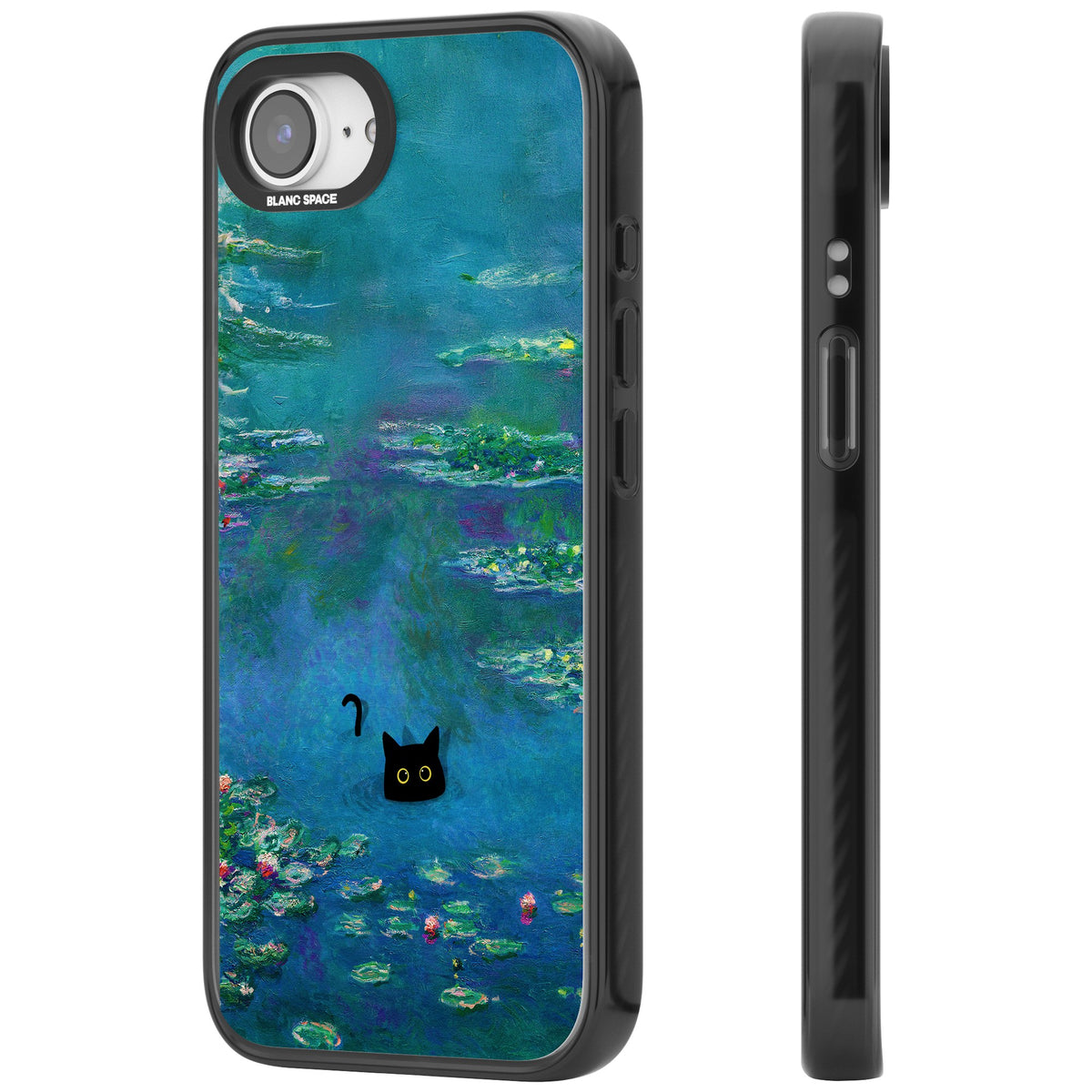 Cat in Monet's Water Lillies iPhone 16e / iPhone 17e Impact Black Phone Case side