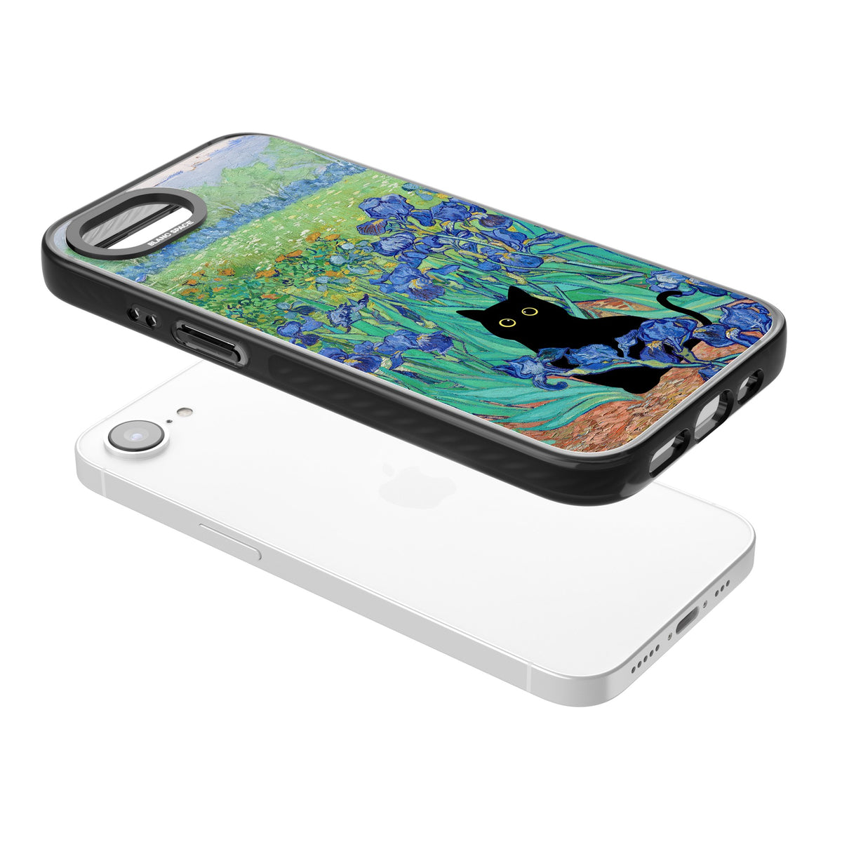 Cat in Van Gogh's Irises iPhone 16e / iPhone 17e Impact Black Phone Case angled