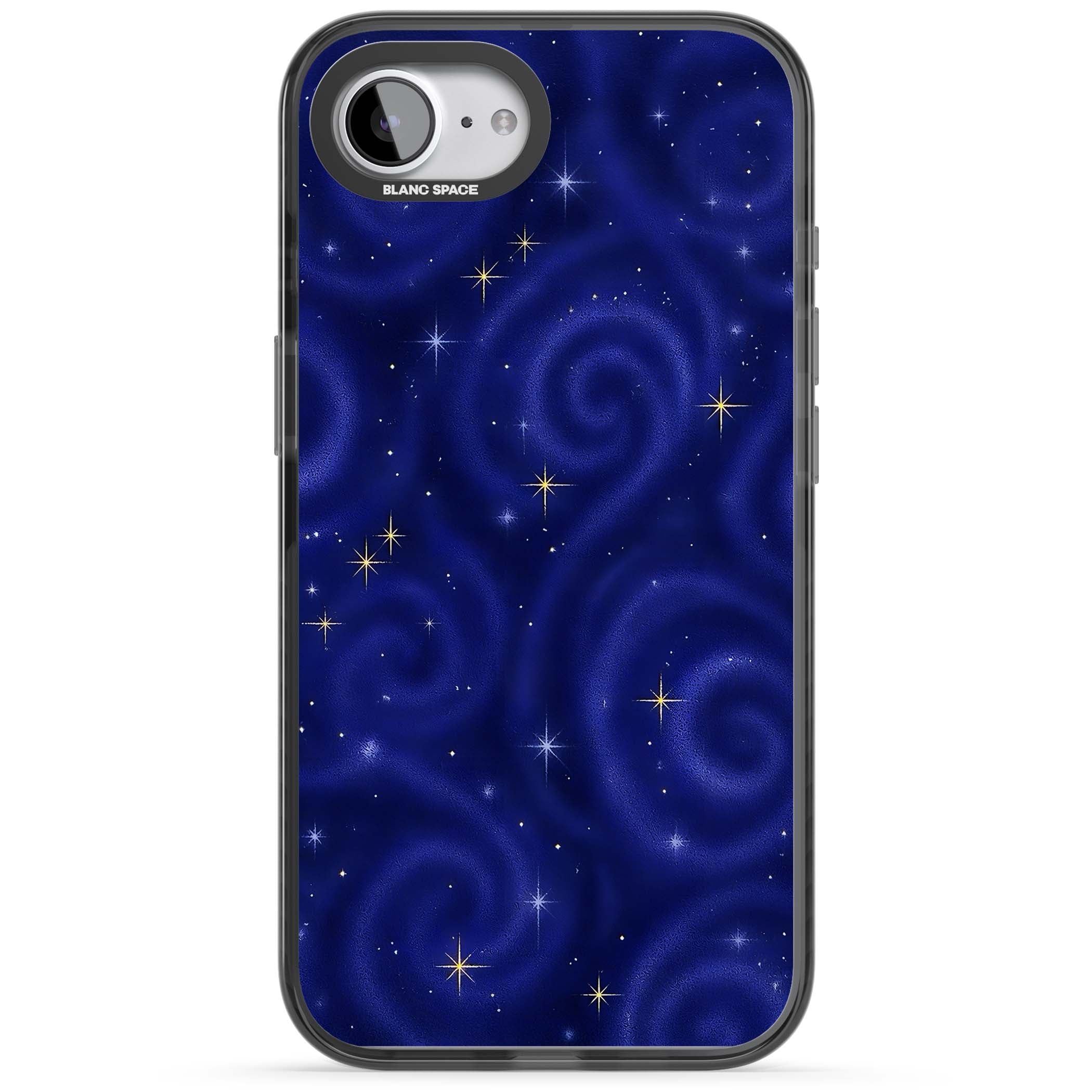 Indigo Cosmos celestial iPhone case featuring swirling navy night sky and sparkling golden stars | Black Impact case for iPhone 16e, iPhone 17e