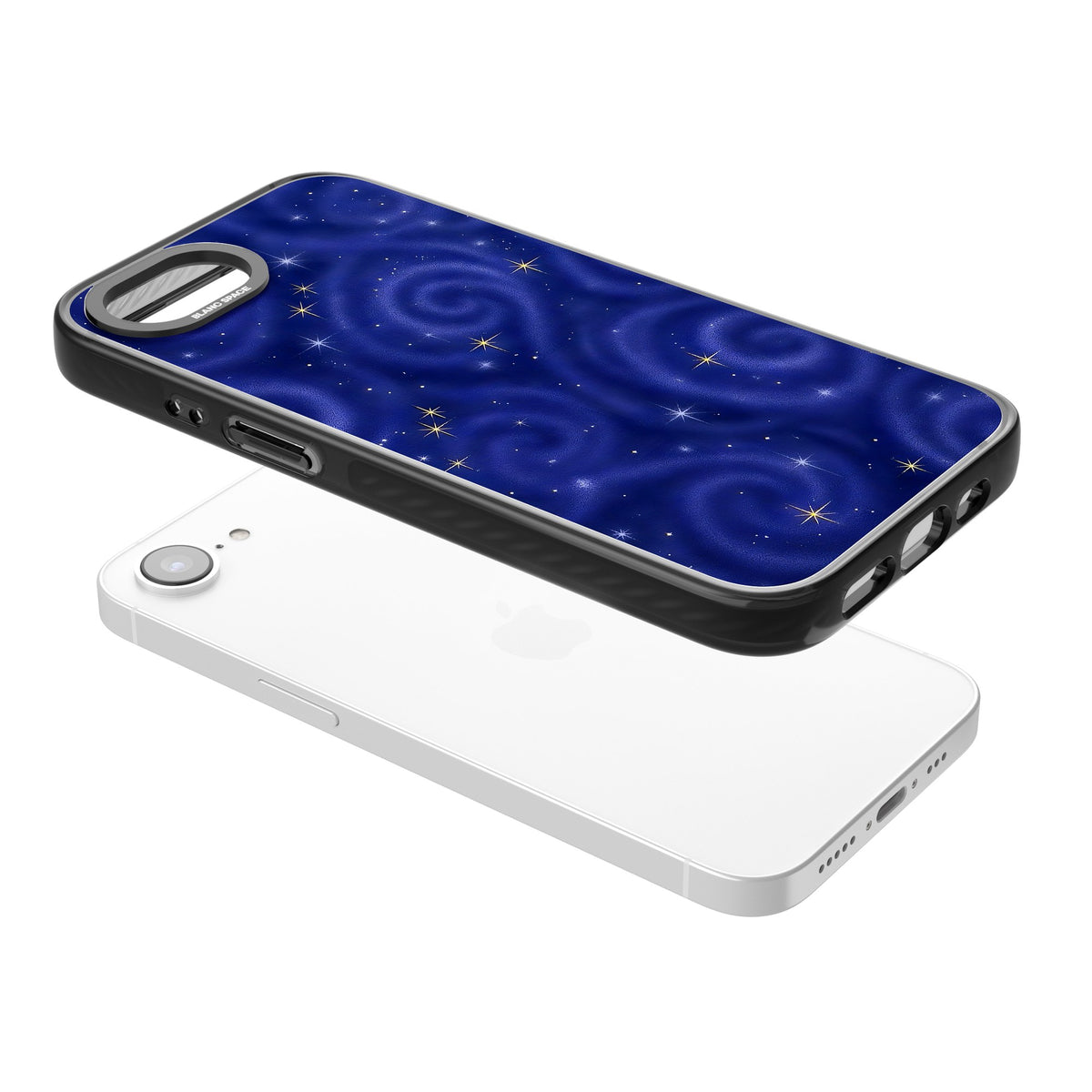 Indigo Cosmos iPhone 16e / iPhone 17e Impact Black Phone Case angled