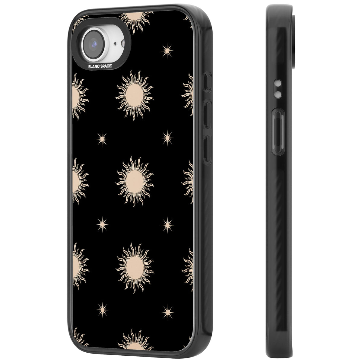 Celestial Patterns Classic Suns (Black) iPhone 16e / iPhone 17e Impact Black Phone Case side