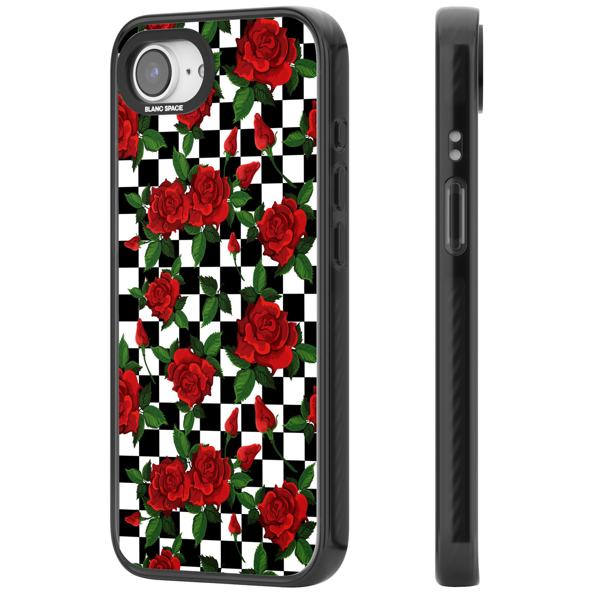 Checkered Roses iPhone 16e / iPhone 17e Impact Black Phone Case side