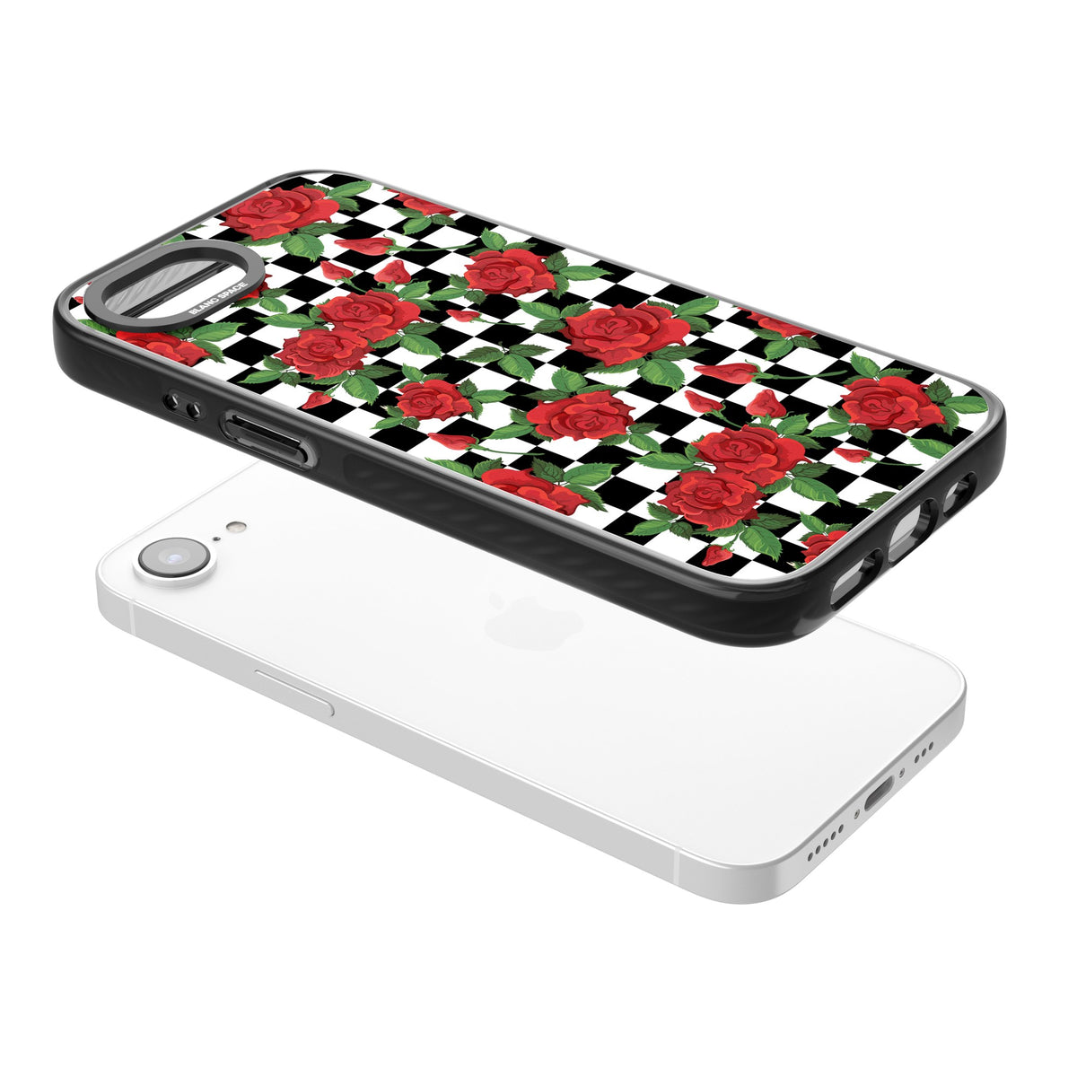 Checkered Roses iPhone 16e / iPhone 17e Impact Black Phone Case angled