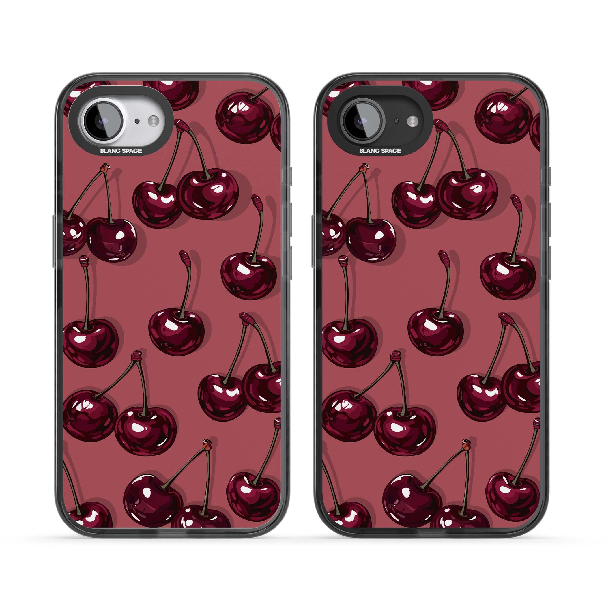 Cherry Rebel coquette iPhone case featuring glossy burgundy cherries on a dusty rose background | Black Impact case for iPhone 16e, iPhone 17e