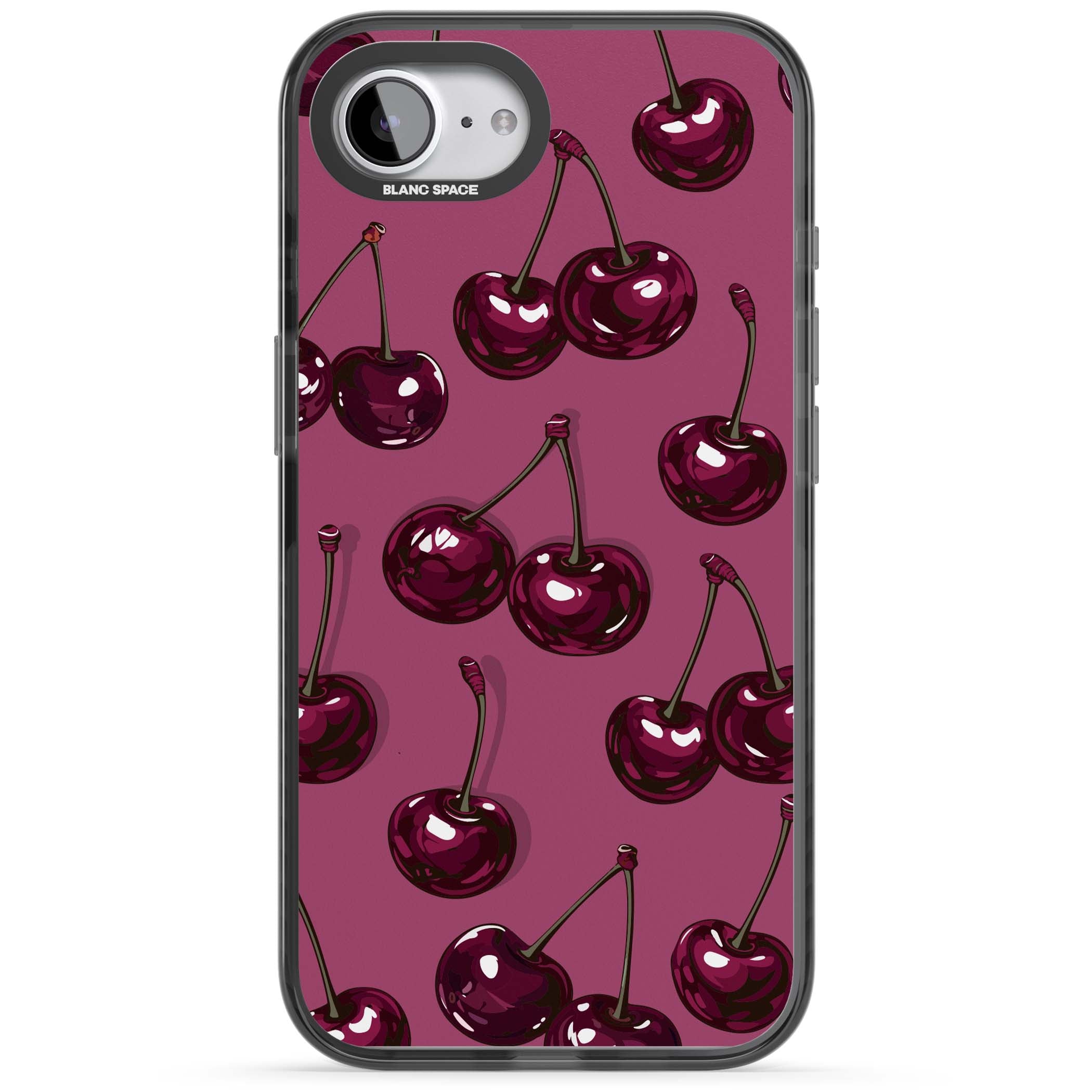 Cherry Soda coquette iPhone case featuring glossy burgundy cherries on a dusty pink background | Black Impact case for iPhone 16e, iPhone 17e