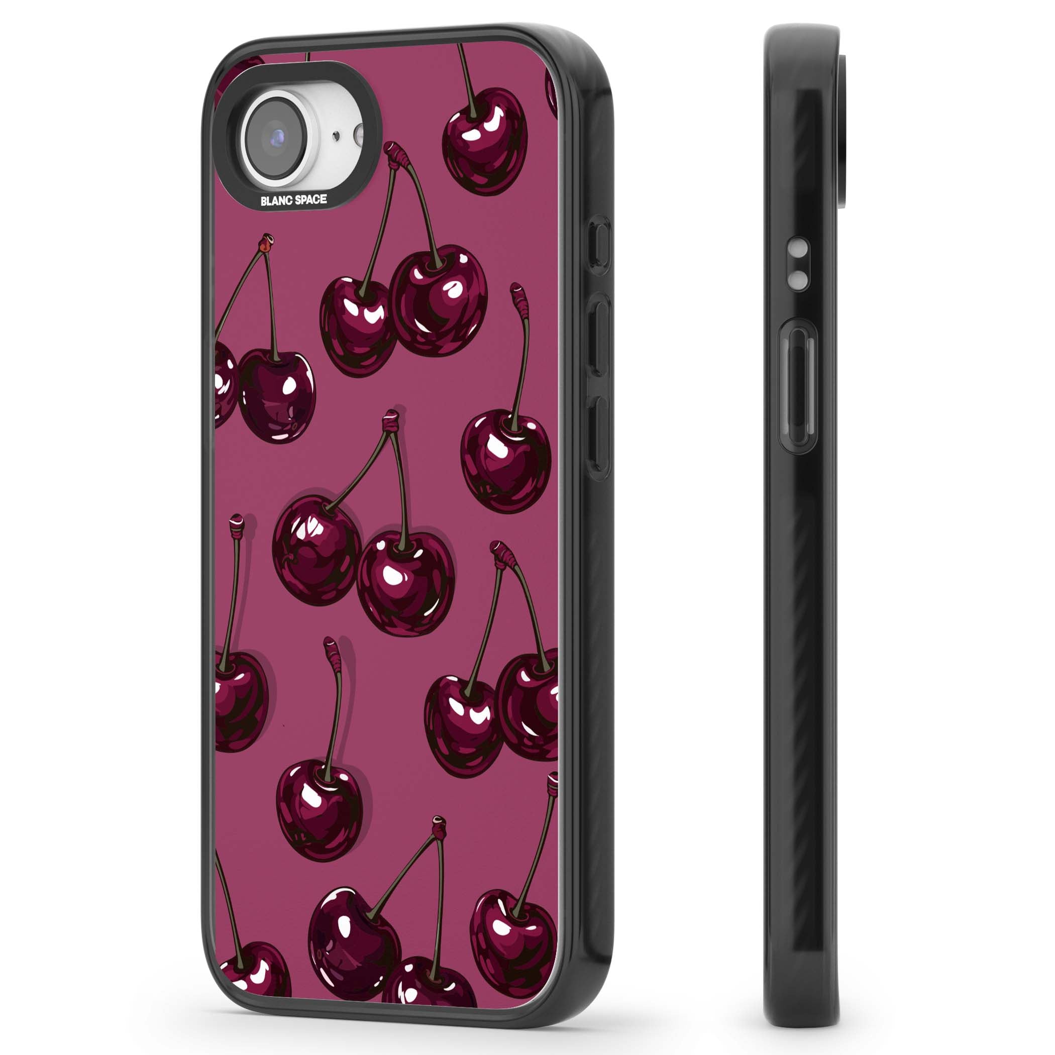 Cherry Soda coquette iPhone case featuring glossy burgundy cherries on a dusty pink background | Black Impact case for iPhone 16e, iPhone 17e