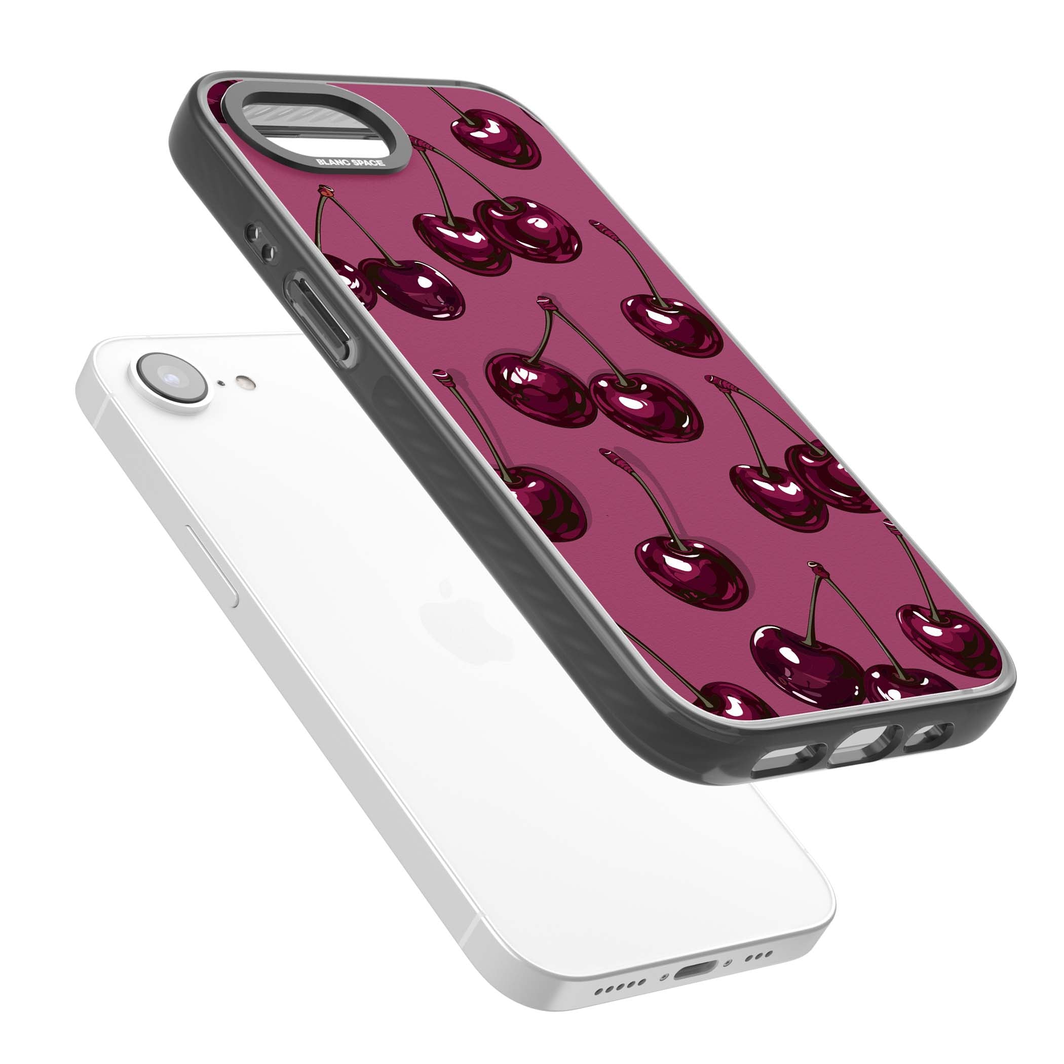 Cherry Soda coquette iPhone case featuring glossy burgundy cherries on a dusty pink background | Black Impact case for iPhone 16e, iPhone 17e
