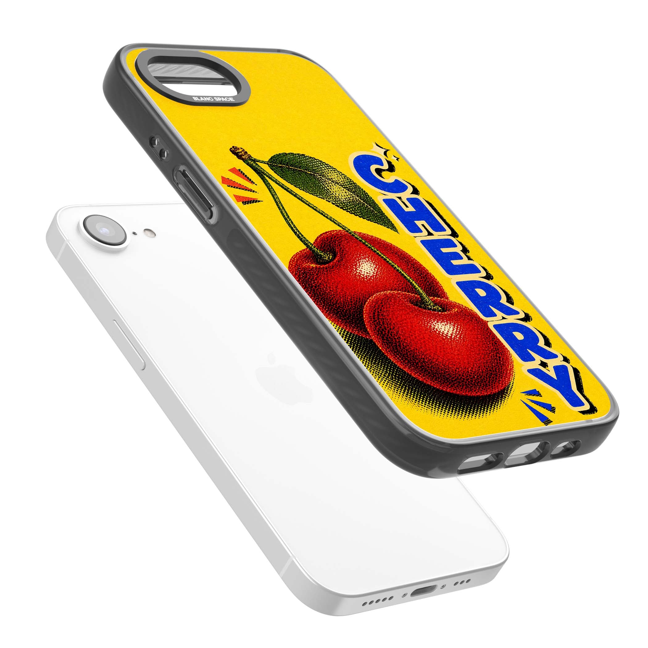 Cherry Yellow y2k iPhone case featuring two red cherries, halftone shading and bold blue CHERRY lettering on yellow | Black Impact case for iPhone 16e, iPhone 17e