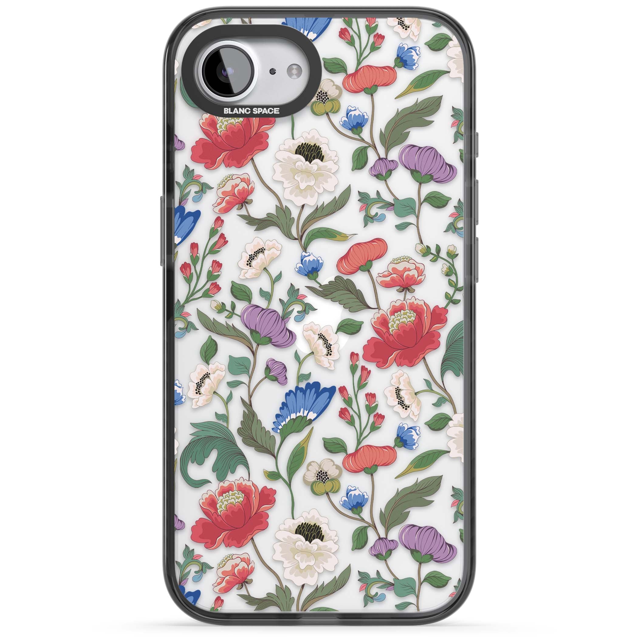 Chinoiserie Bloom vintage floral iPhone case featuring hand-painted peonies, poppies and trailing wildflowers on clear... | Black Impact case for iPhone 16e, iPhone 17e