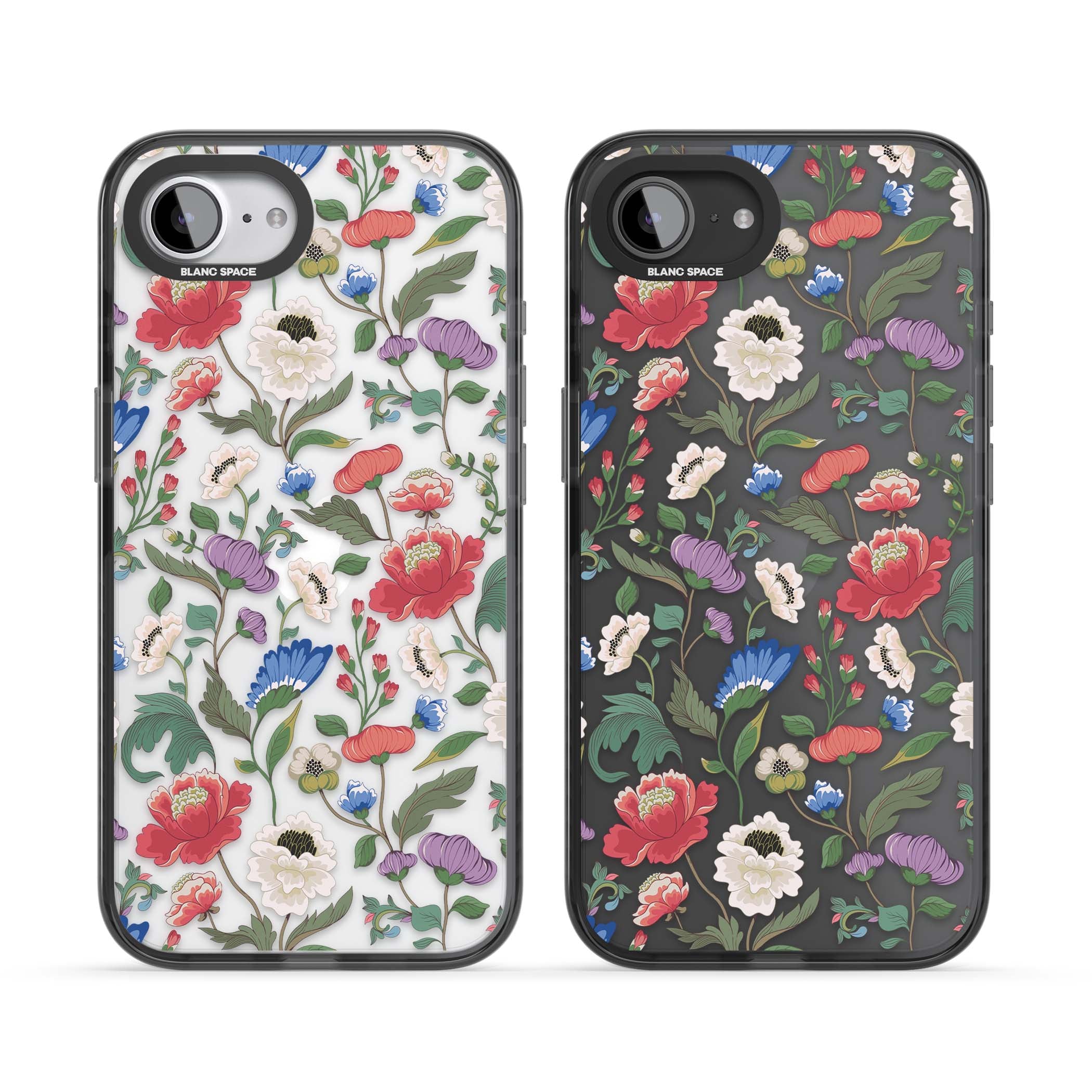 Chinoiserie Bloom vintage floral iPhone case featuring hand-painted peonies, poppies and trailing wildflowers on clear... | Black Impact case for iPhone 16e, iPhone 17e