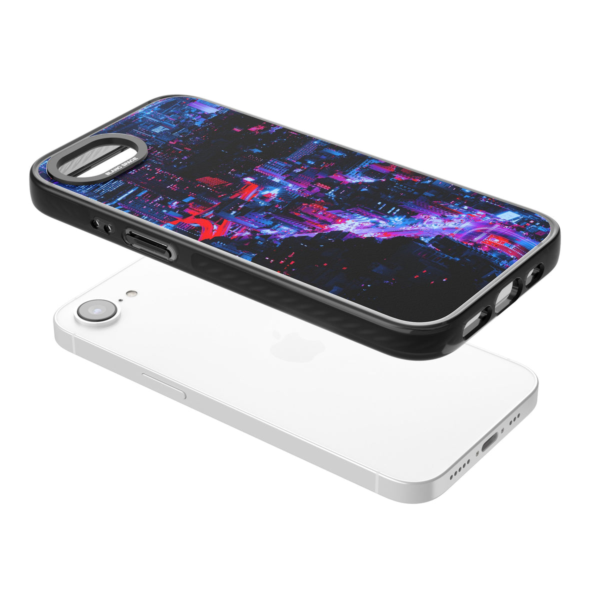 Neon Cityscape iPhone 16e / iPhone 17e Impact Black Phone Case angled