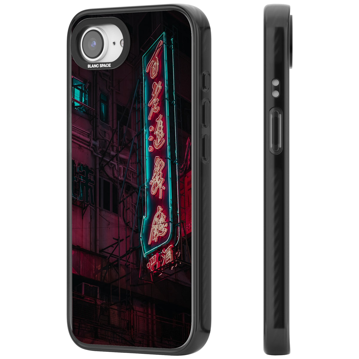 Neon Kanji Cityscape iPhone 16e / iPhone 17e Impact Black Phone Case side