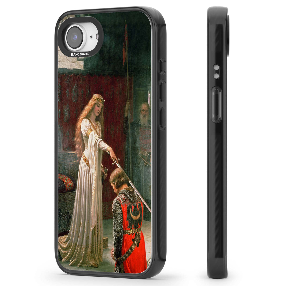 The Accolade renaissance art iPhone case featuring Edmund Blair Leighton's painting of a queen knighting a kneeling knight | Black Impact case for iPhone 16e, iPhone 17e