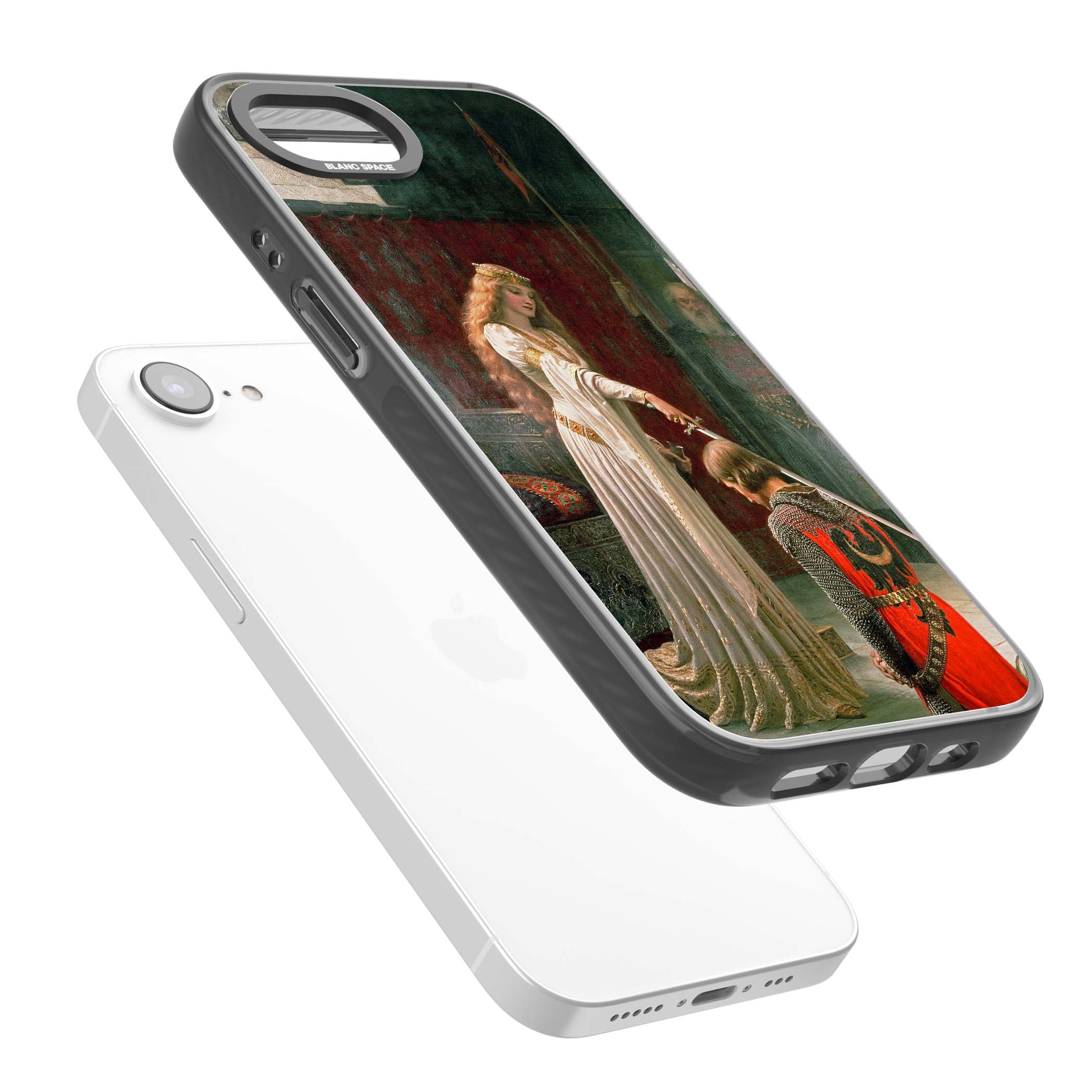 The Accolade renaissance art iPhone case featuring Edmund Blair Leighton's painting of a queen knighting a kneeling knight | Black Impact case for iPhone 16e, iPhone 17e