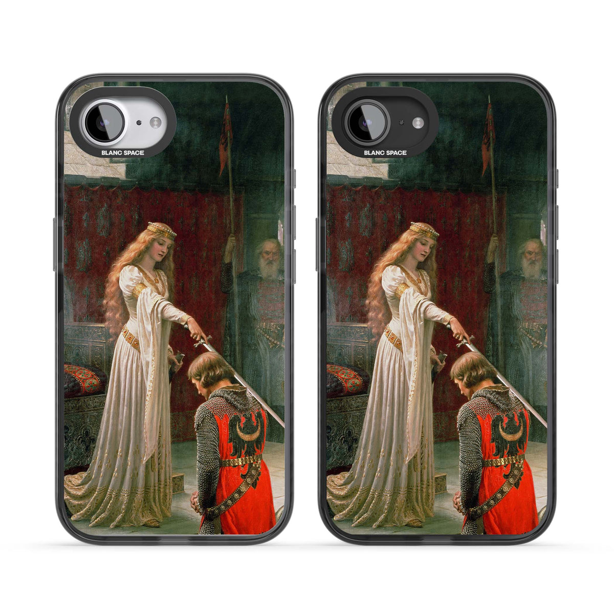 The Accolade renaissance art iPhone case featuring Edmund Blair Leighton's painting of a queen knighting a kneeling knight | Black Impact case for iPhone 16e, iPhone 17e