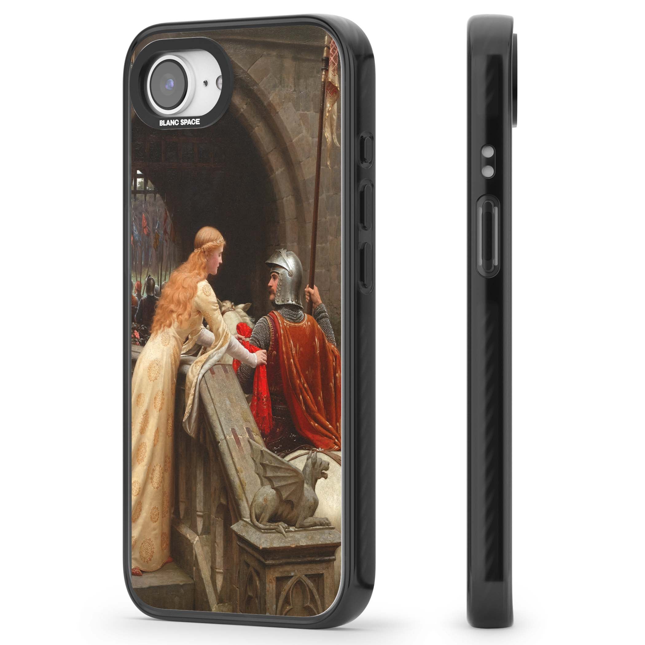 God Speed fine art iPhone case featuring Edmund Blair Leighton's medieval knight and lady beneath a stone archway | Black Impact case for iPhone 16e, iPhone 17e