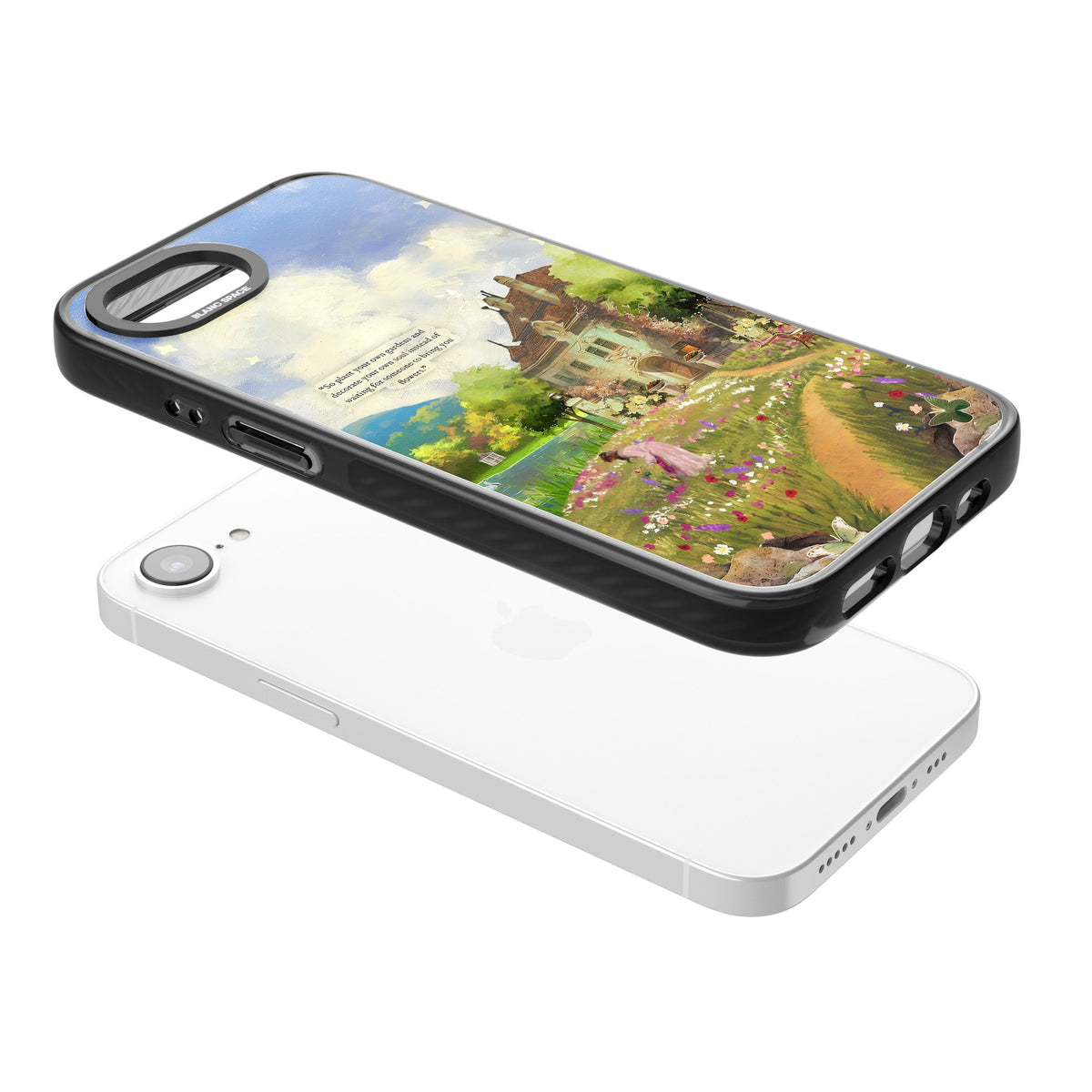Spring Cottage iPhone 16e / iPhone 17e Impact Black Phone Case angled